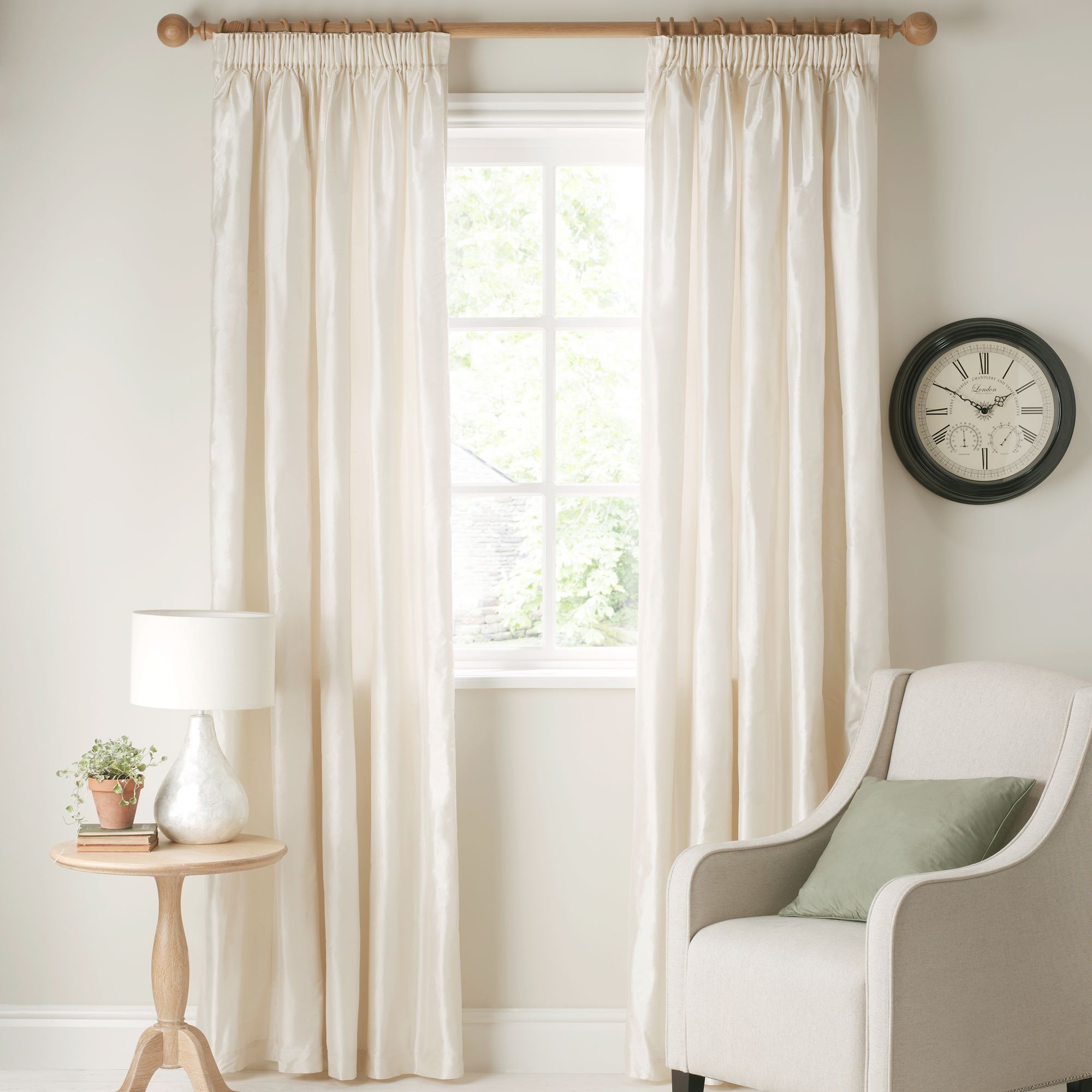 Plain Silk Pencil Pleat Curtains, Ivory