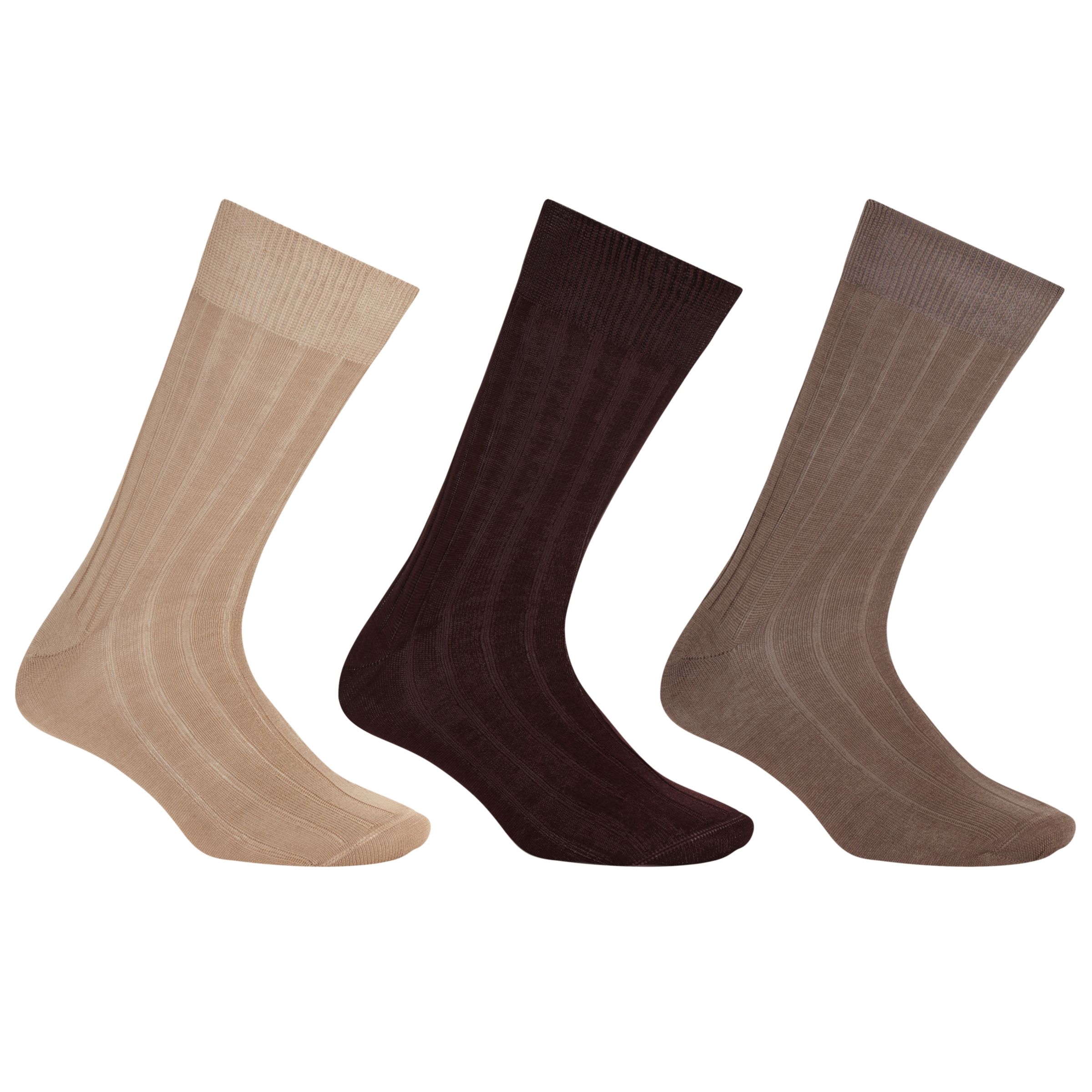 John Lewis Mercerised Cotton Socks, 3 Pairs, Brown, Size 9-11