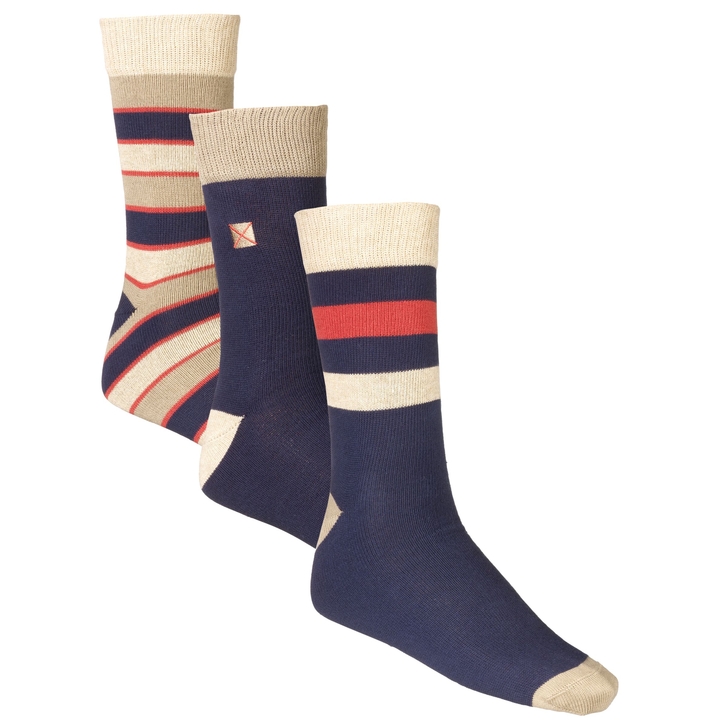 John Lewis Rugby Stripe Socks, Pack of 3, Navy/Beige/Red, Size 9-11