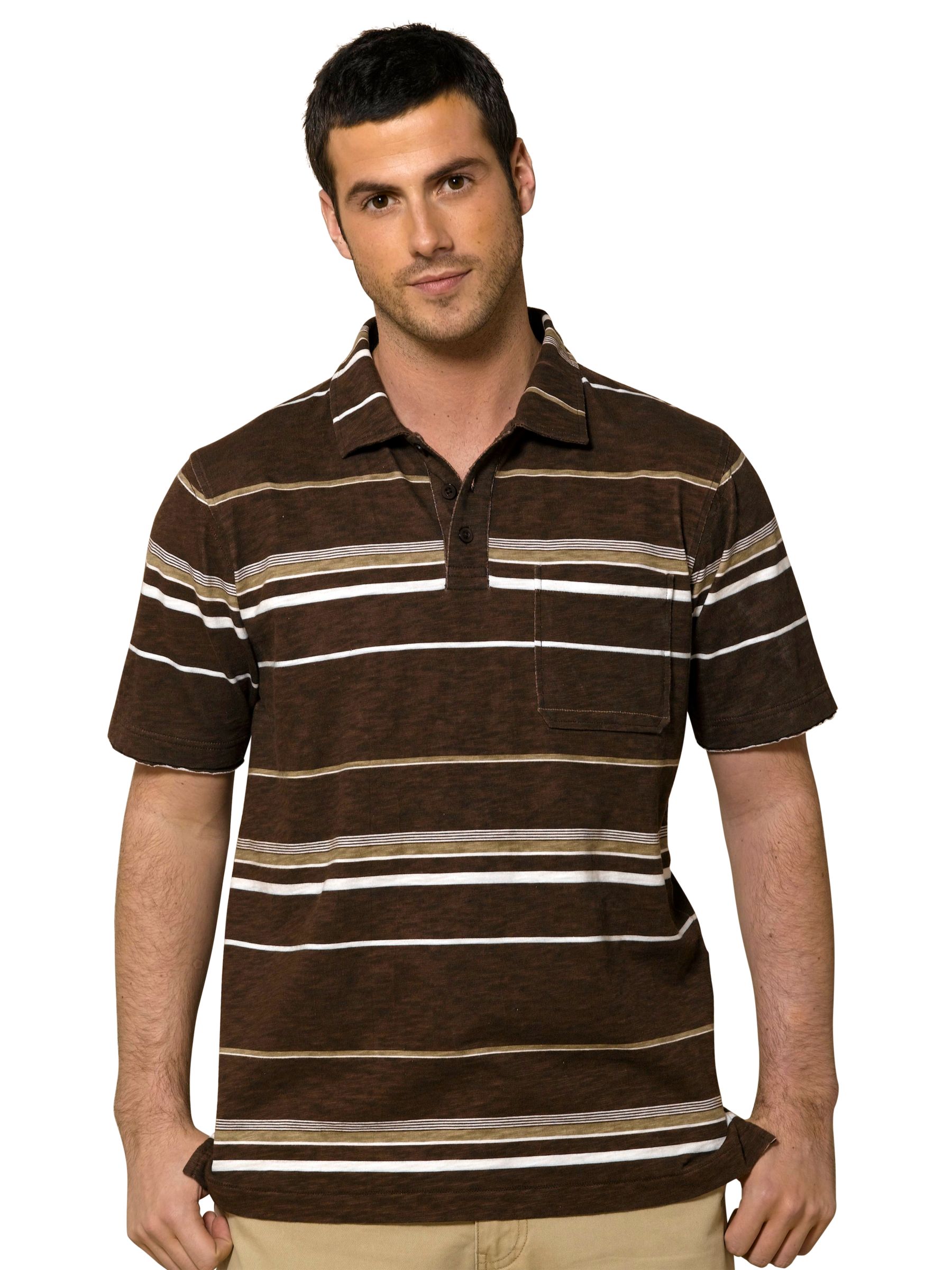 John Lewis Striped Slub Polo Shirt, Brown, Small