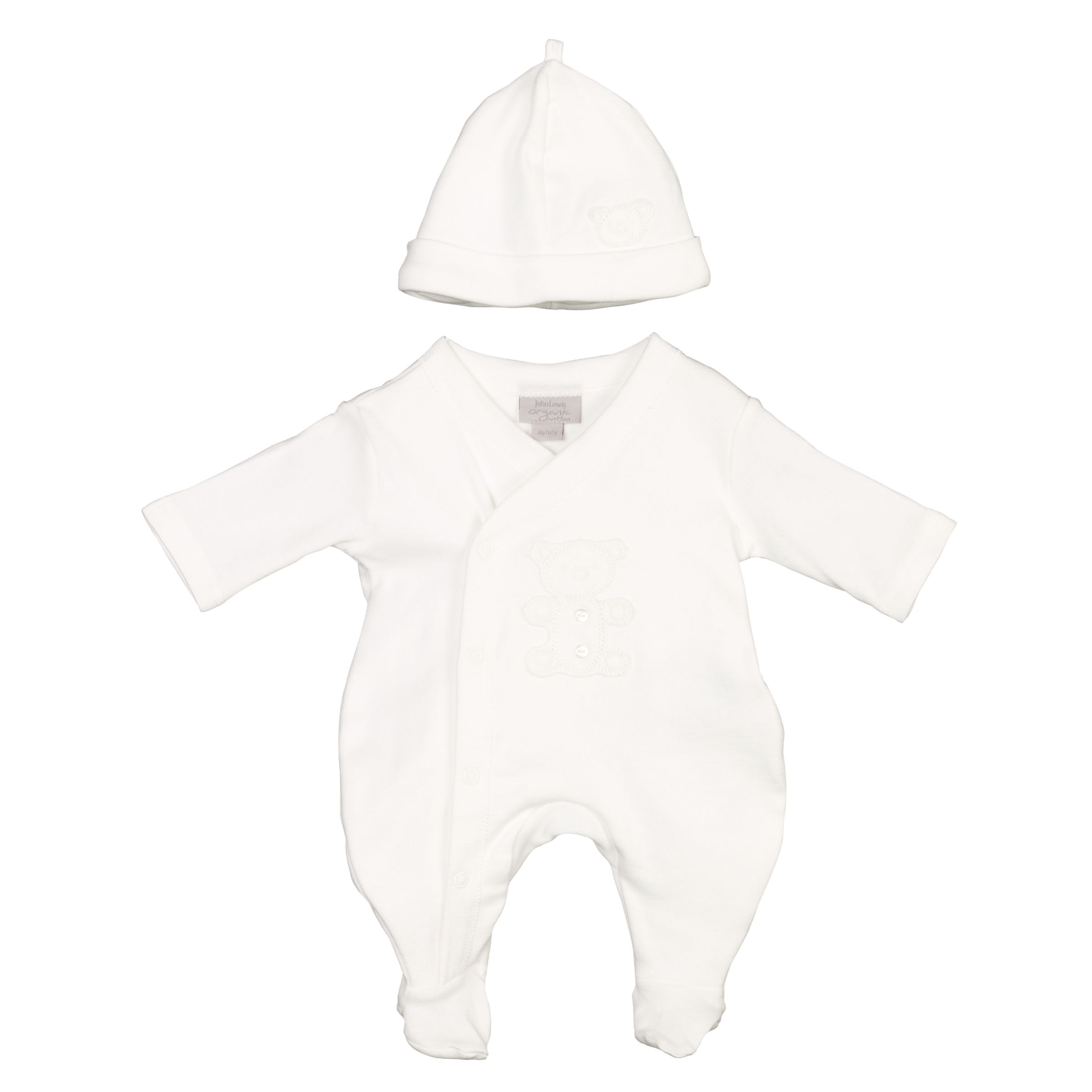 John Lewis Baby Organic Cotton Sleepsuit and Hat, White. 0-3 Months
