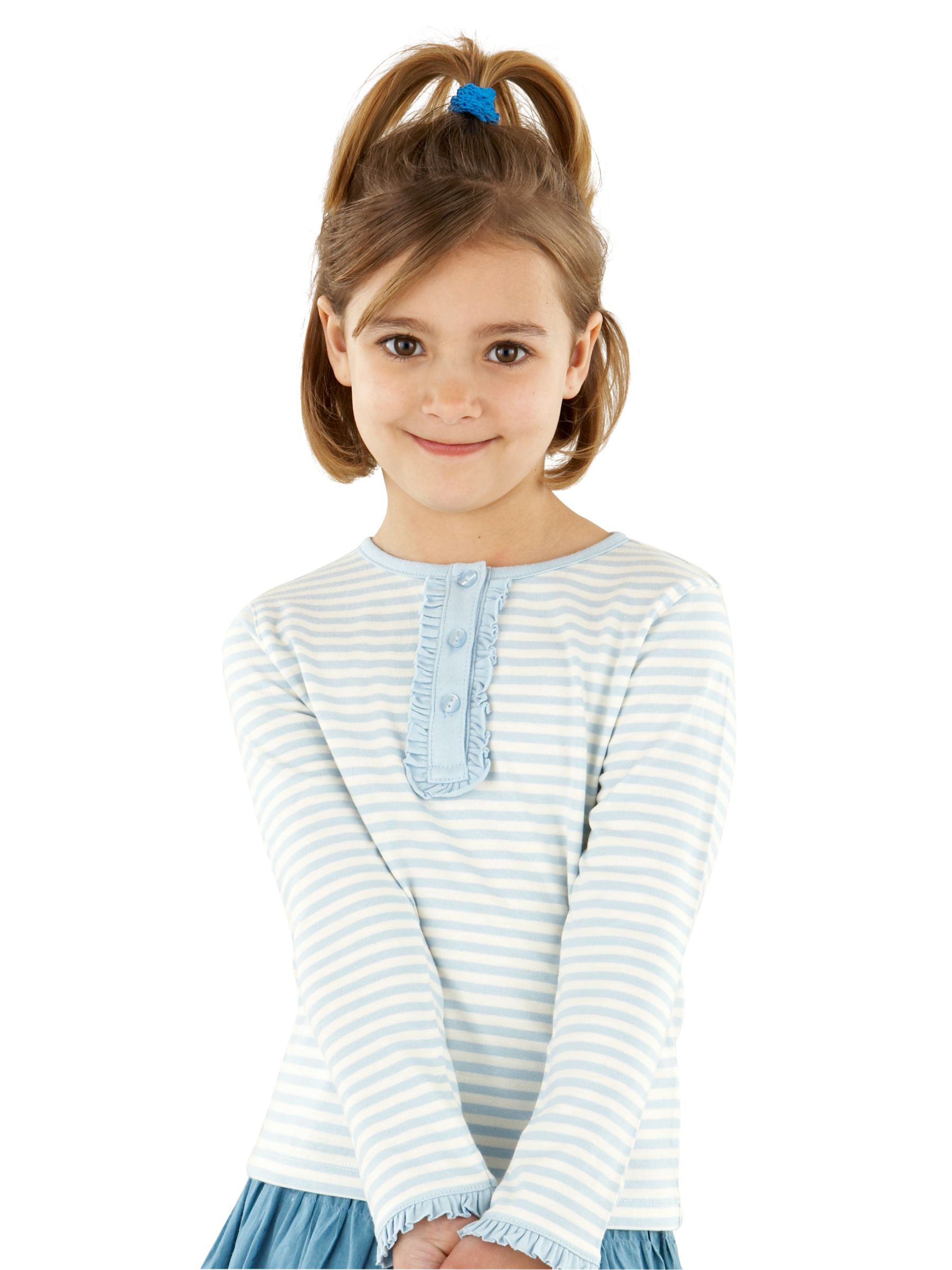 John Lewis Striped Button Frill T-Shirt, Blue, 9-10 Years