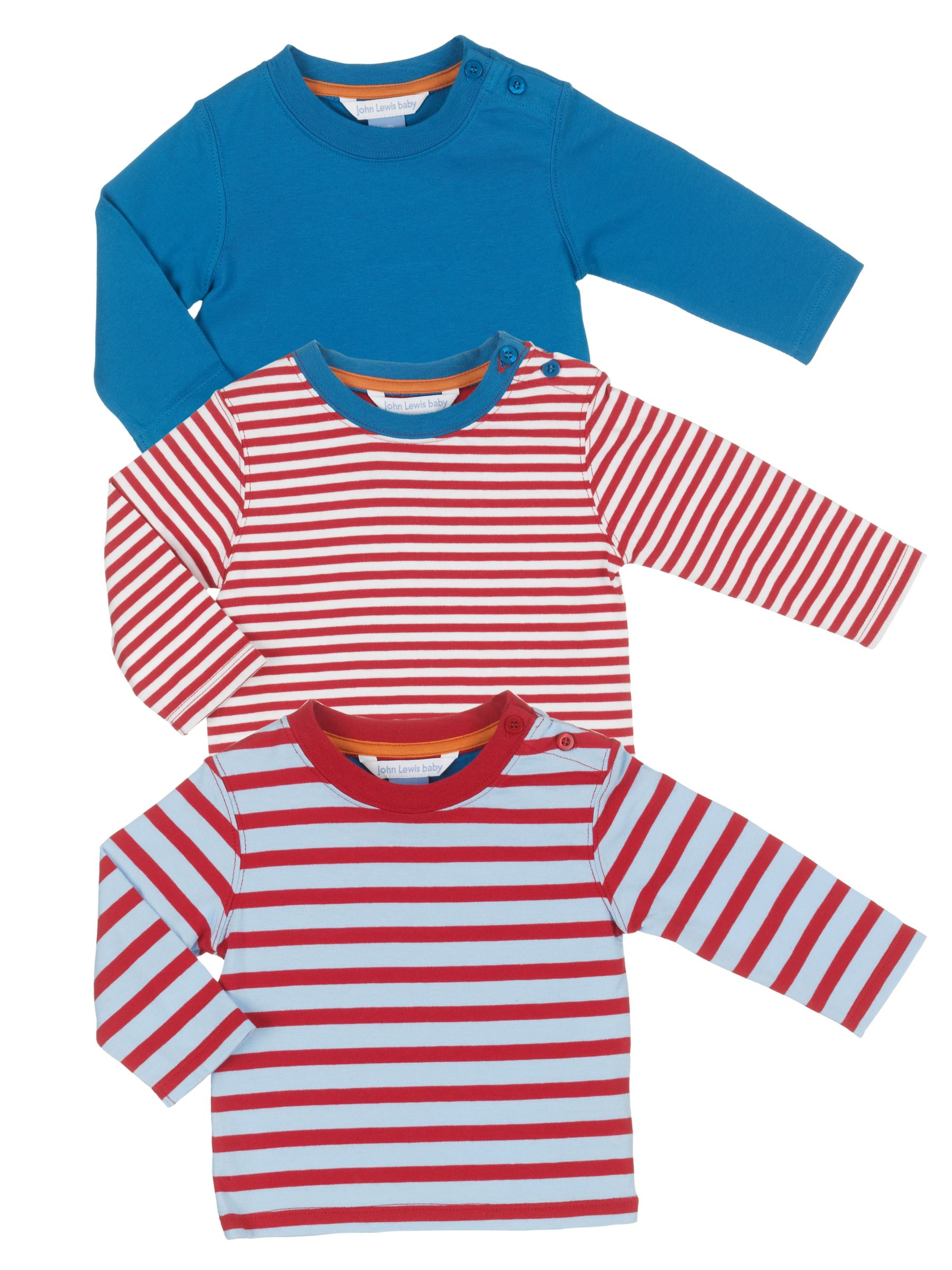 John Lewis Long Sleeve T-Shirts, Pack of 3, Red/Blue, 6-9 Months