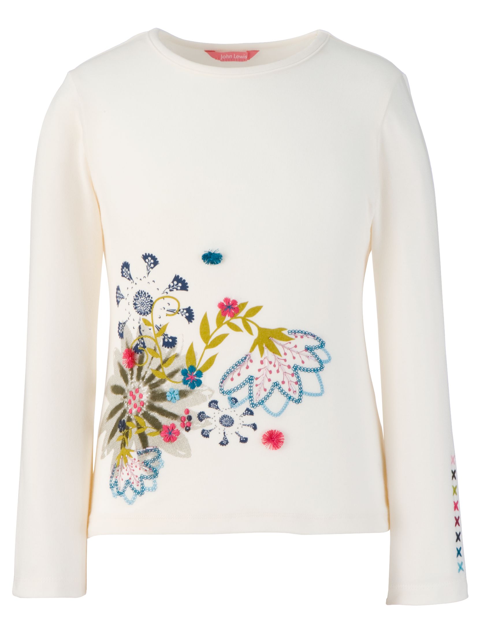 John Lewis Floral Detail Top, Cream, 10-11 Years