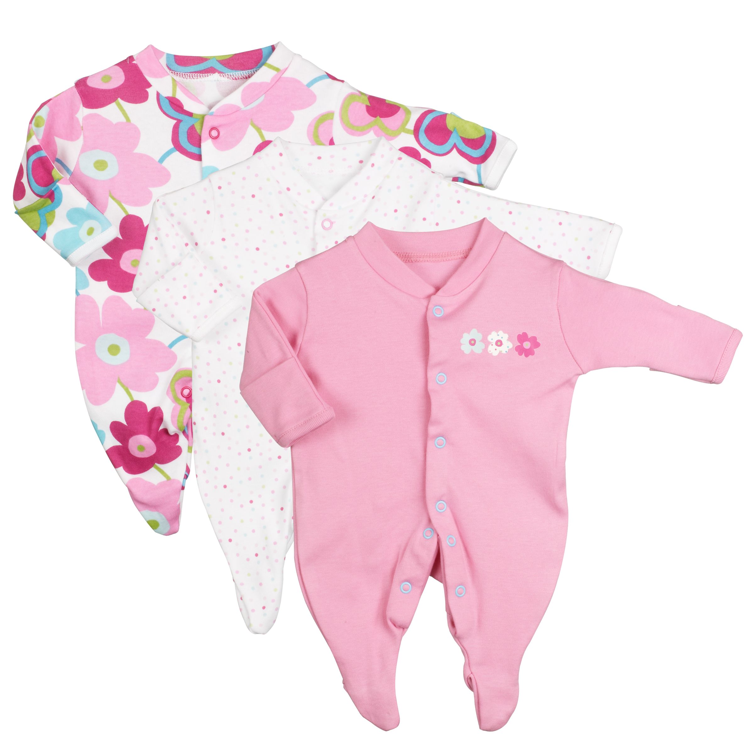 John Lewis Bold Floral Sleepsuits Pack of 3 Pink Newborn