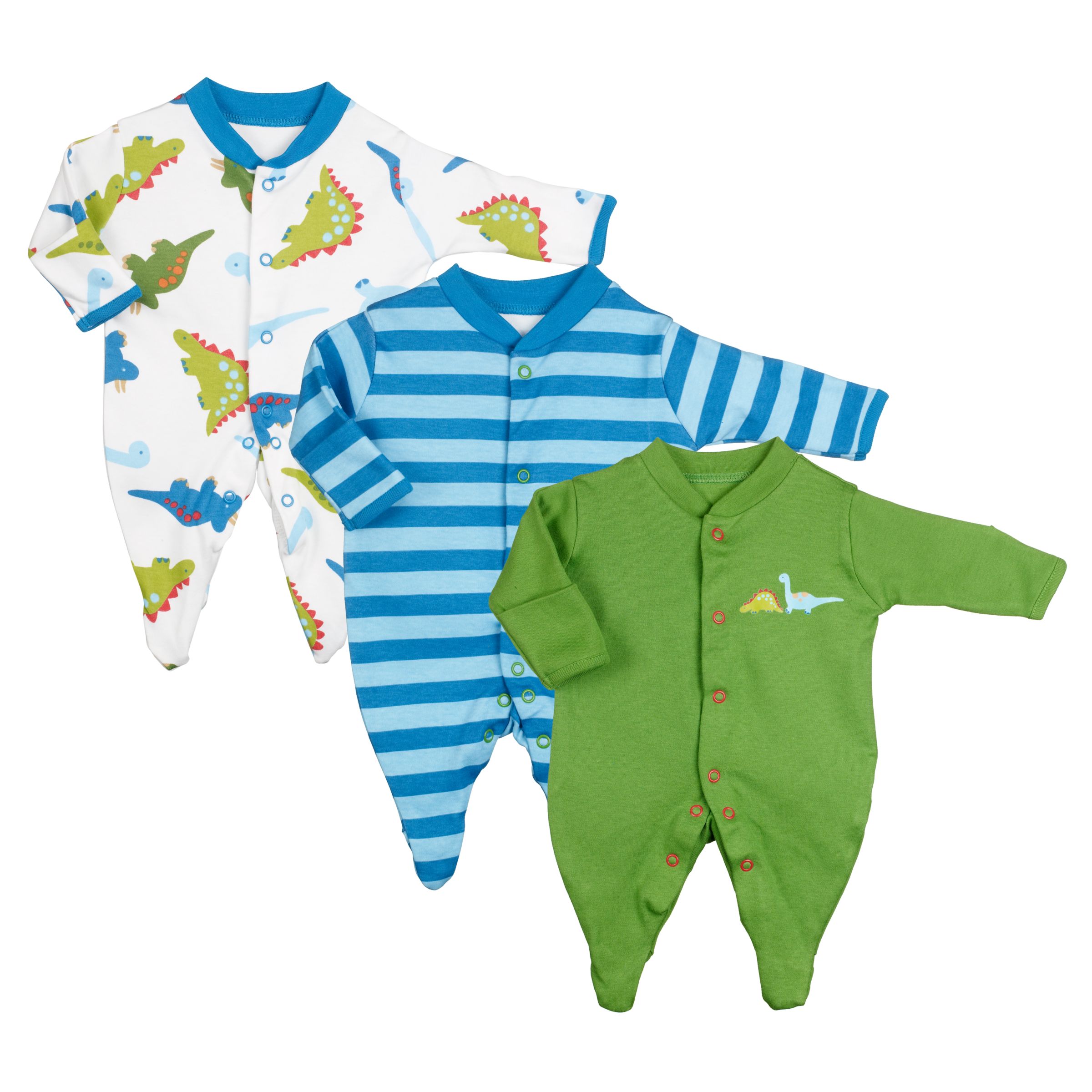 John Lewis Dinosaur Sleepsuits, Pack of 3, Multi, 9-12 Months