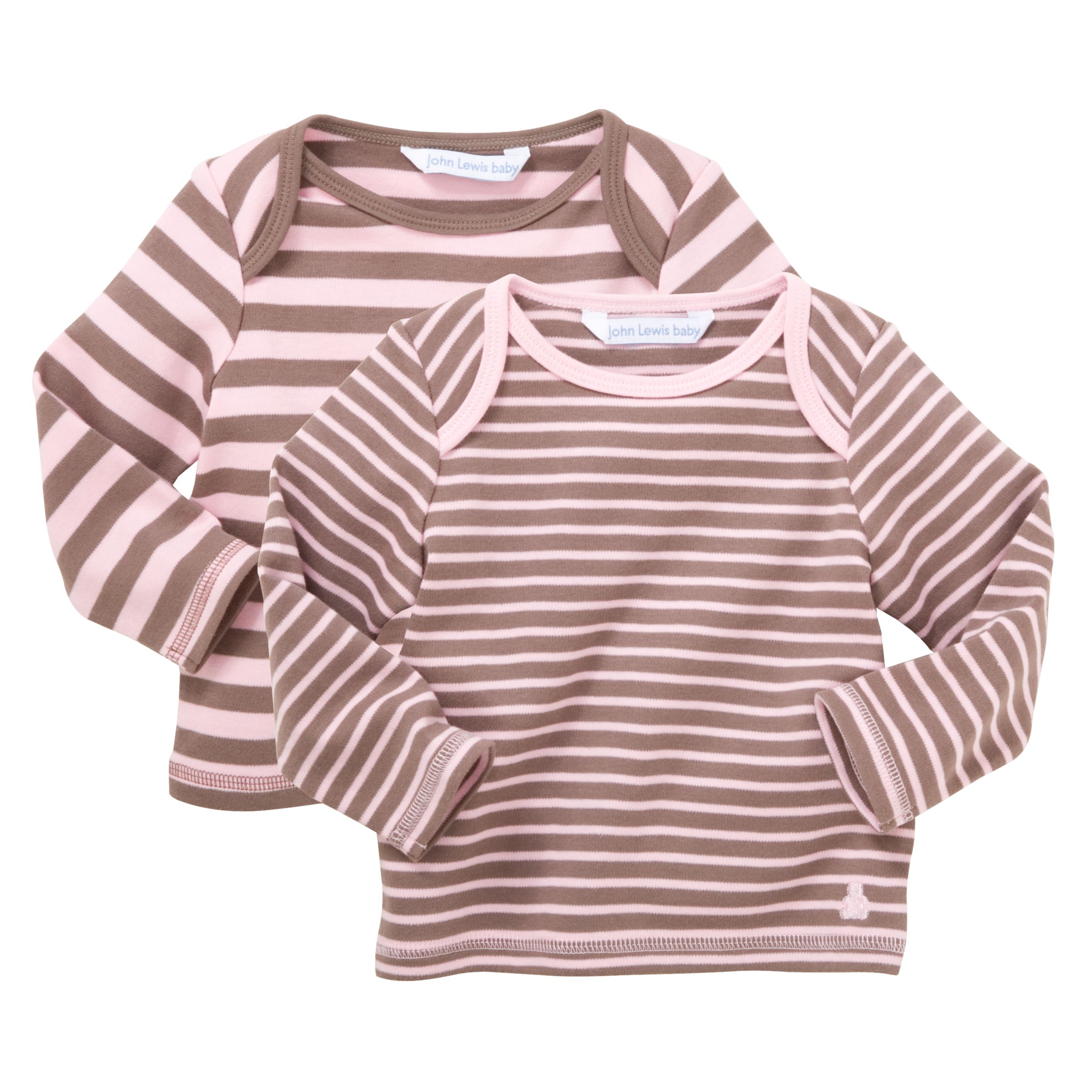 John Lewis Baby Striped T-Shirts, Pack of 2, Pink/Brown, 0-3 Months