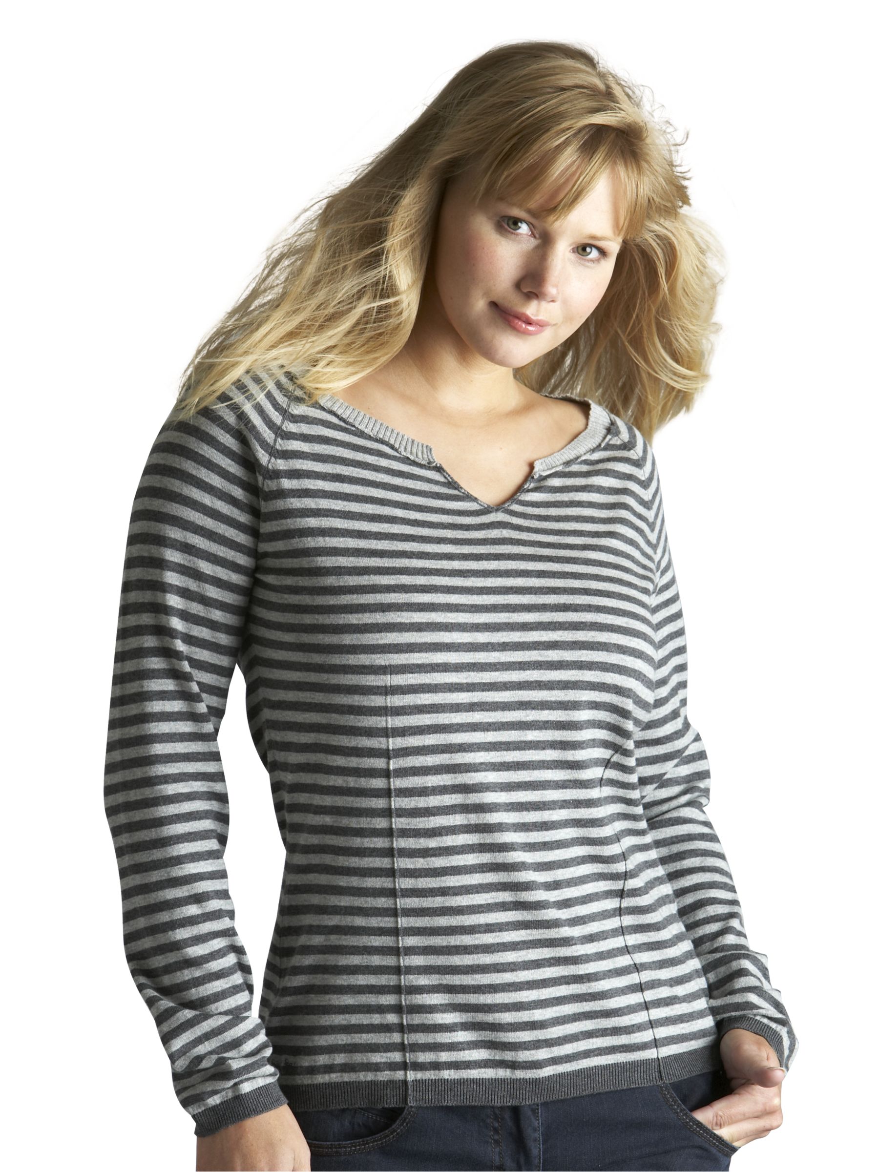 Fat Face Gigabyte Stripe V-Neck Jumper, Grey, Size 14