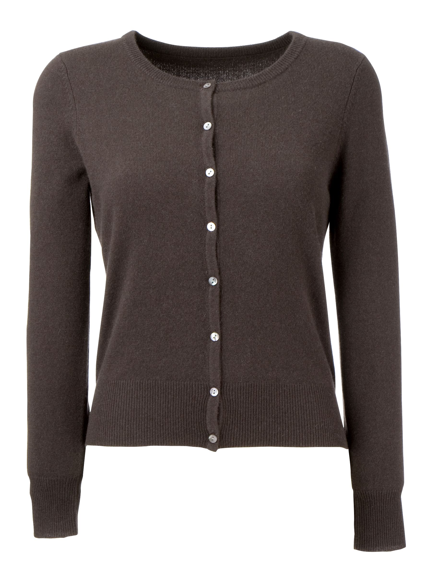 John Lewis Crew Neck Cashmere Cardigan, Chocolate, Size 12
