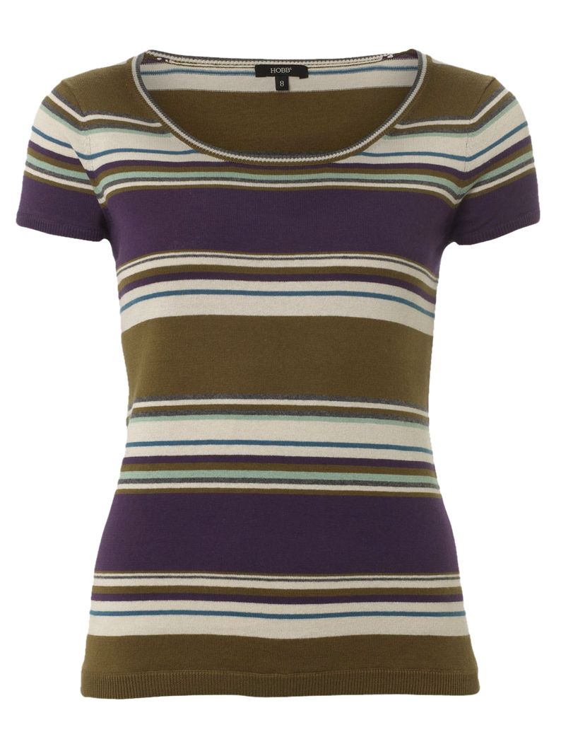 Hobbs Scoop Neck Stripe T-Shirt, Aubergine, Size 8