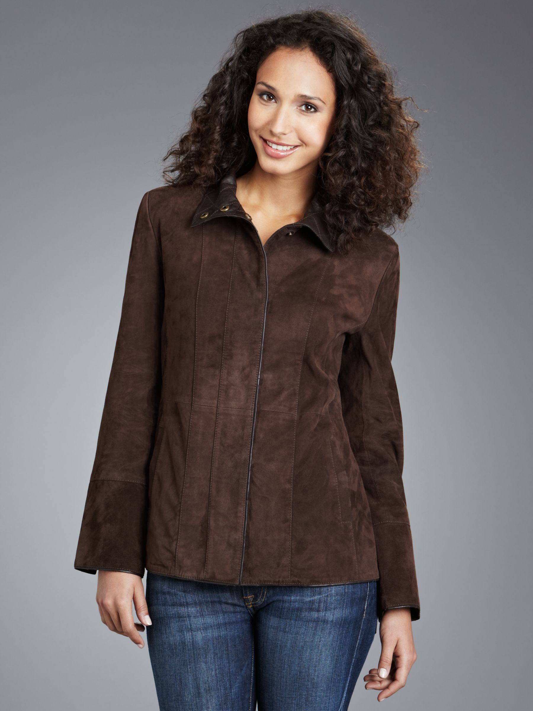John Lewis Women Holly Suede Funnel Neck Jacket, Chocolate at JohnLewis