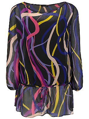 Planet Ribbon Print Silk Blouse, Multicoloured,
