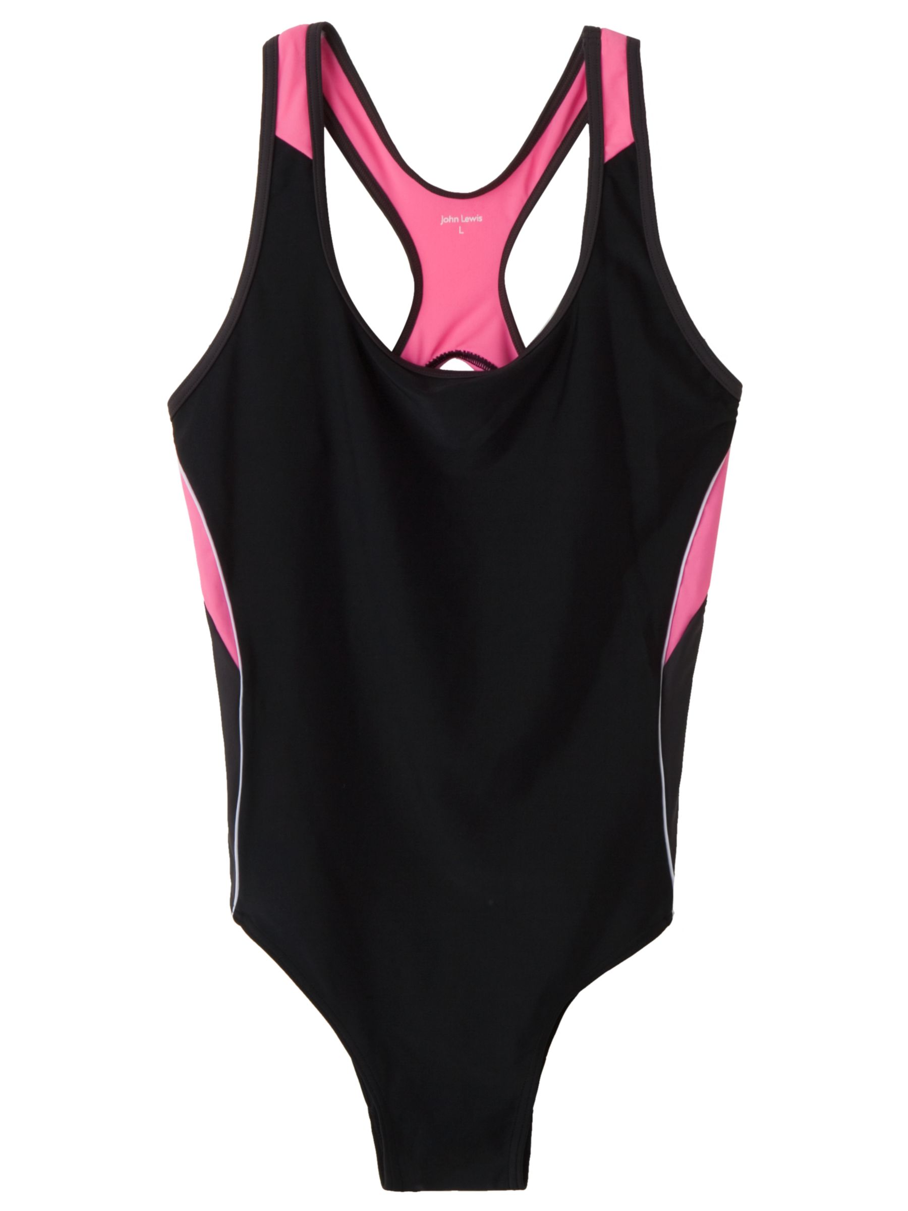 John Lewis Racer Back Swimsuit, Black/Pink, S
