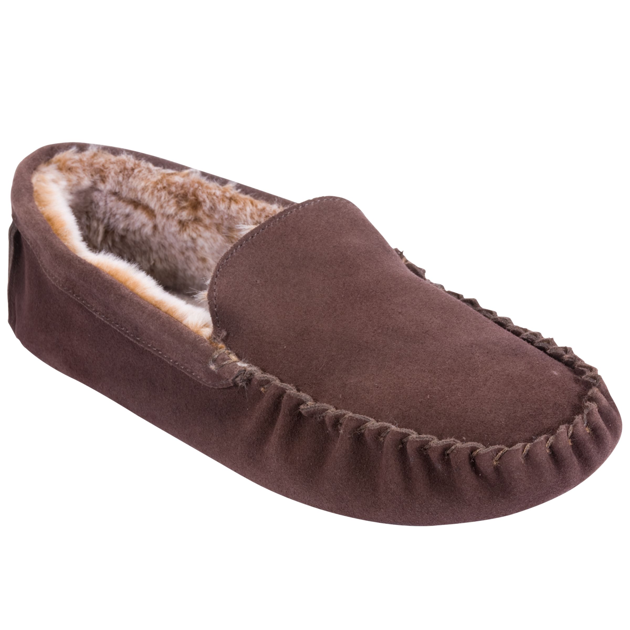 John Lewis Alfie Suede Faux Fur Moccasin Slippers Brown