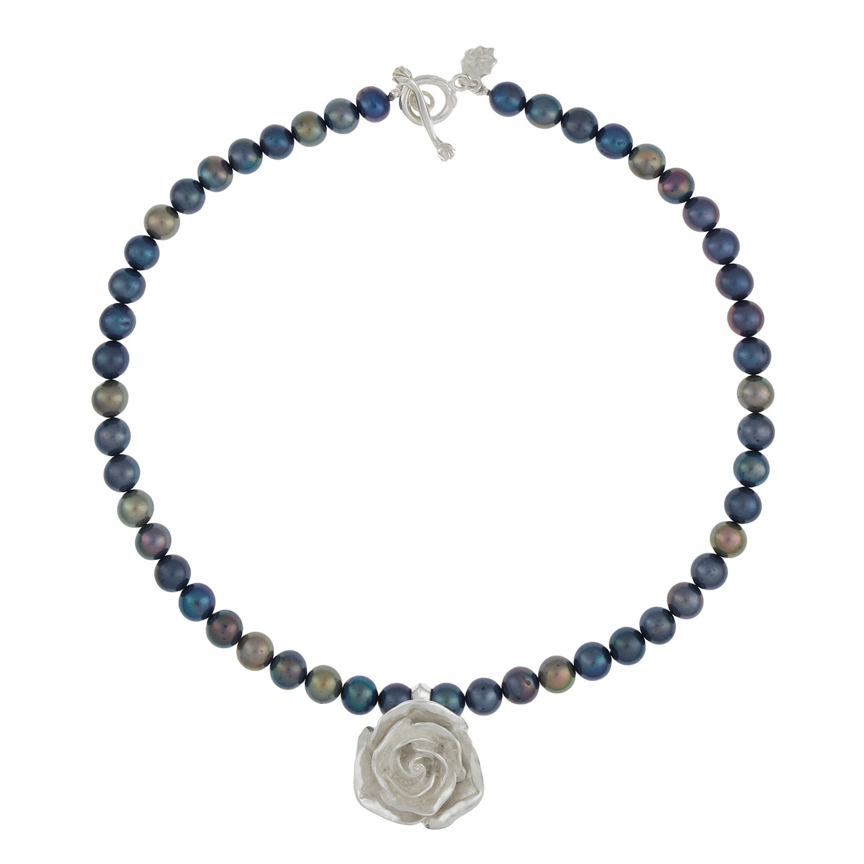 Dower & Hall Silver Sculpted White Rose and Pearl Necklace at JohnLewis