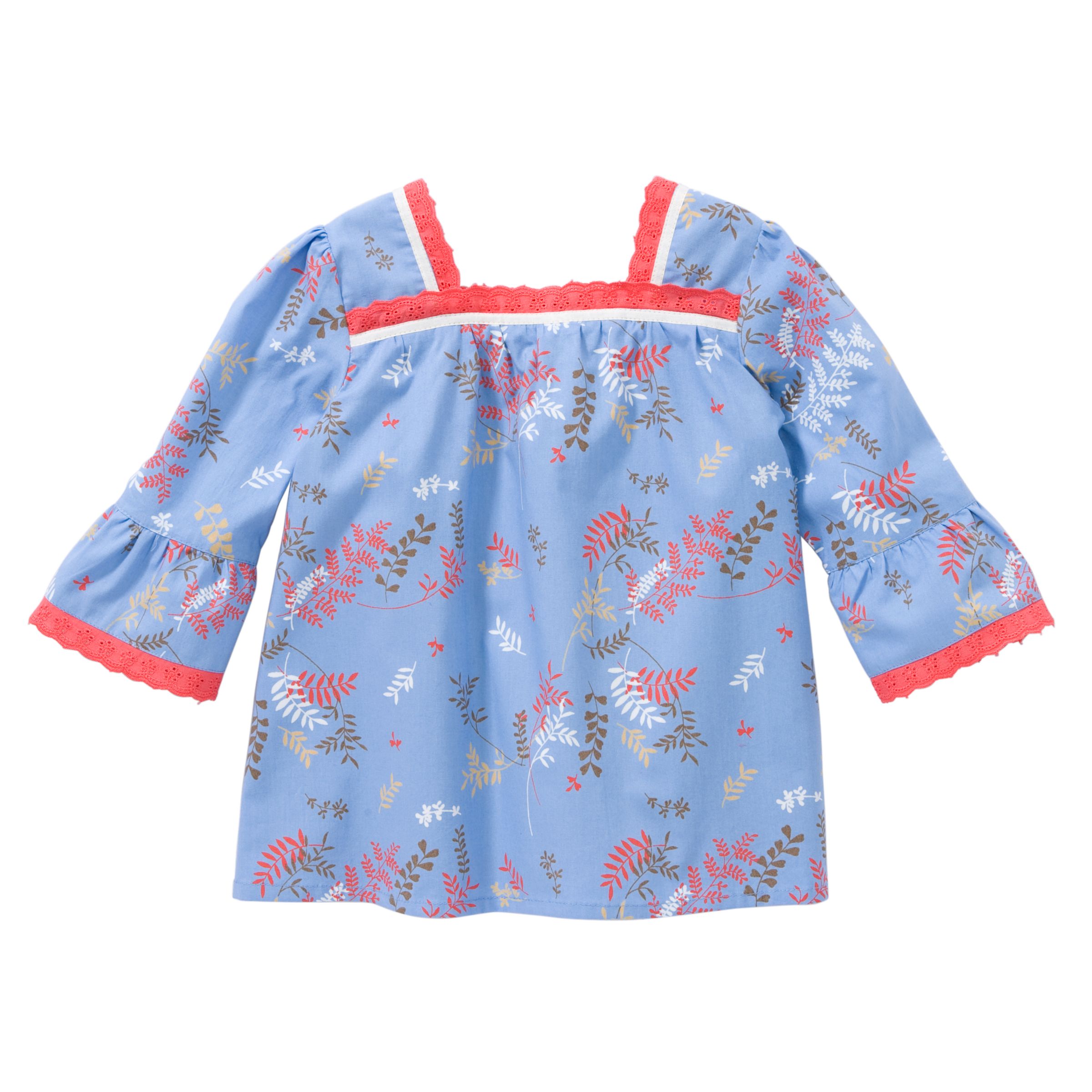 John Lewis Girl Leaf Print Blouse, Blue, 6-9