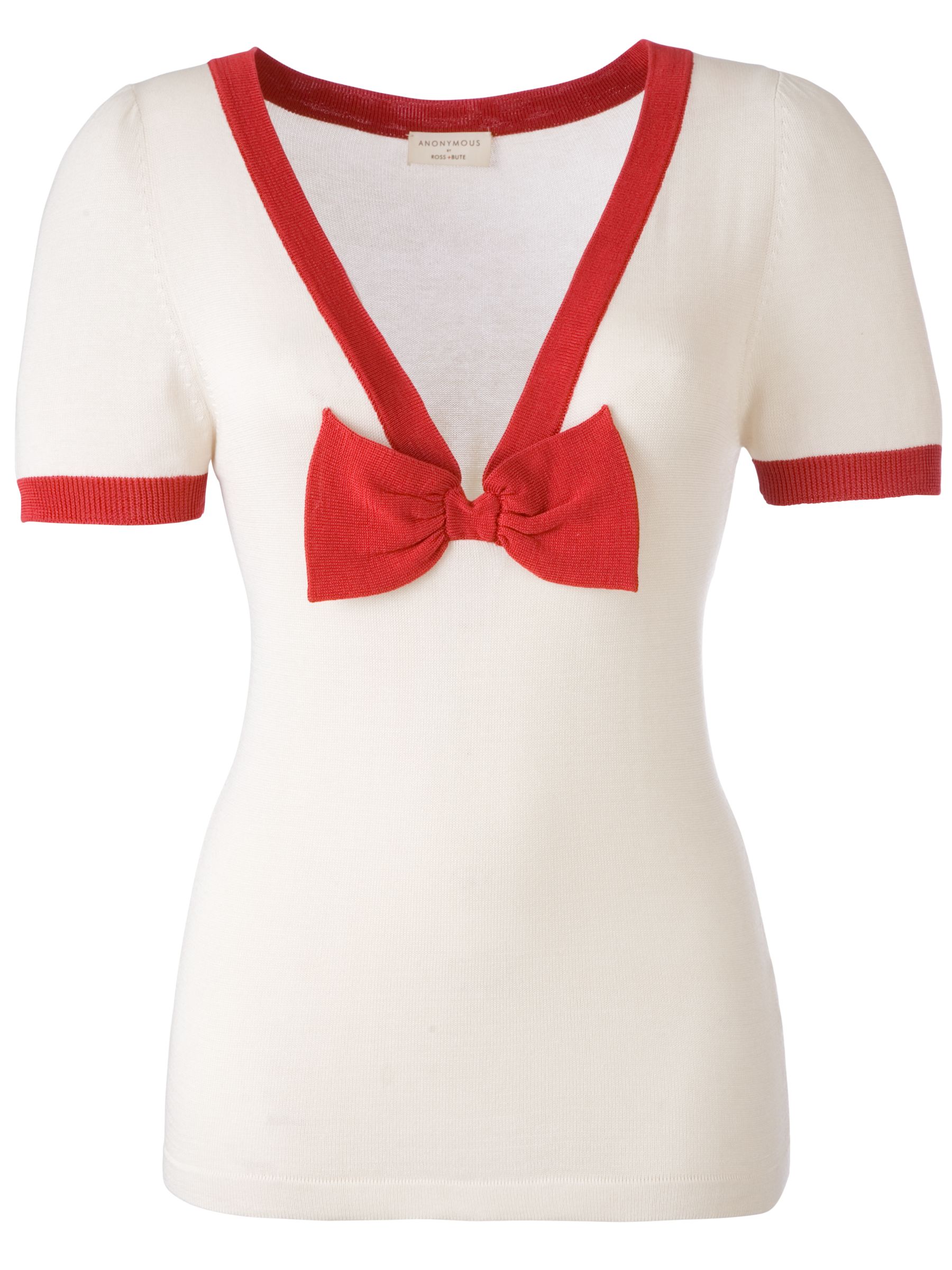 Anonymous by Ross + Bute Short Sleeve Bow Detail Silk Knit Top, Cream/Poppy