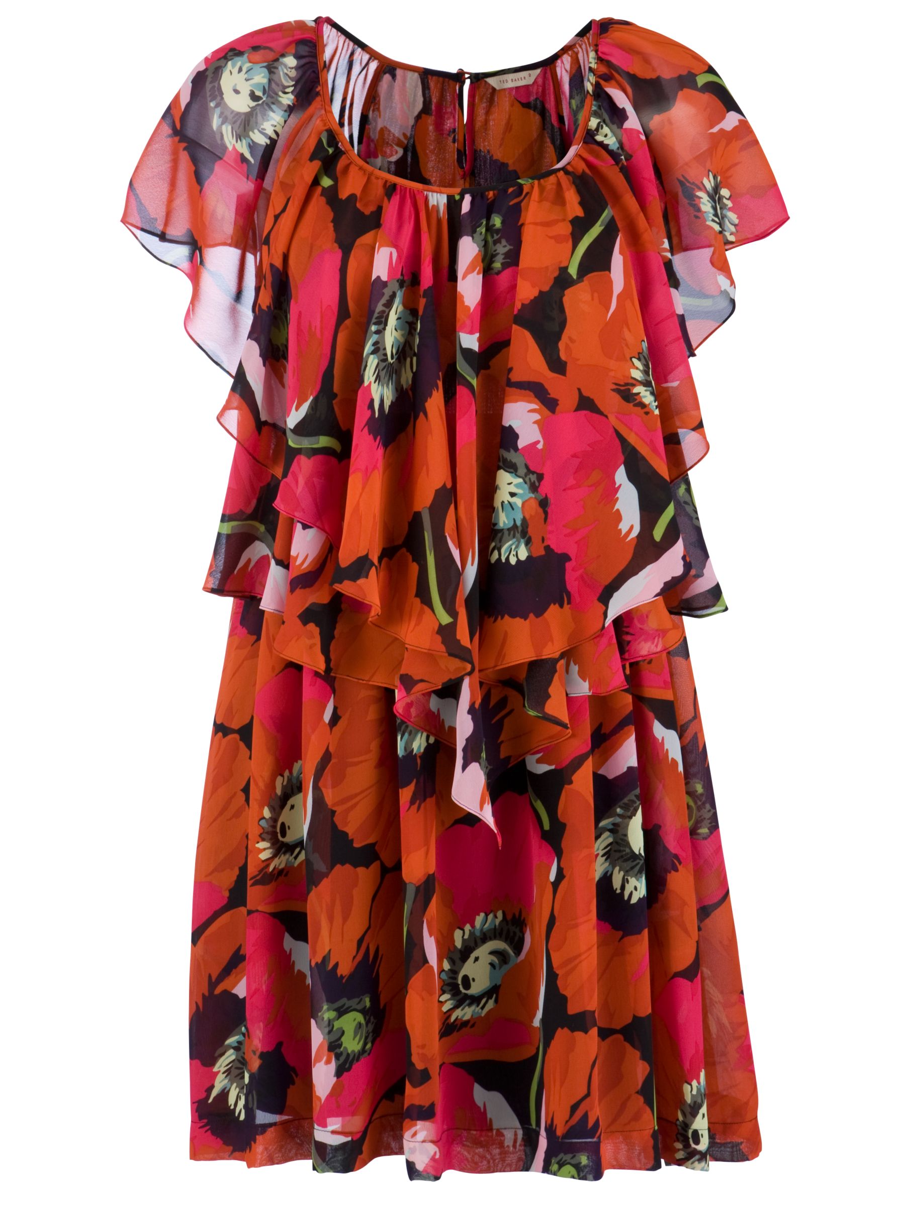 Ted Baker Winx Poppy Print Ruffle Front Dress, Bright Orange