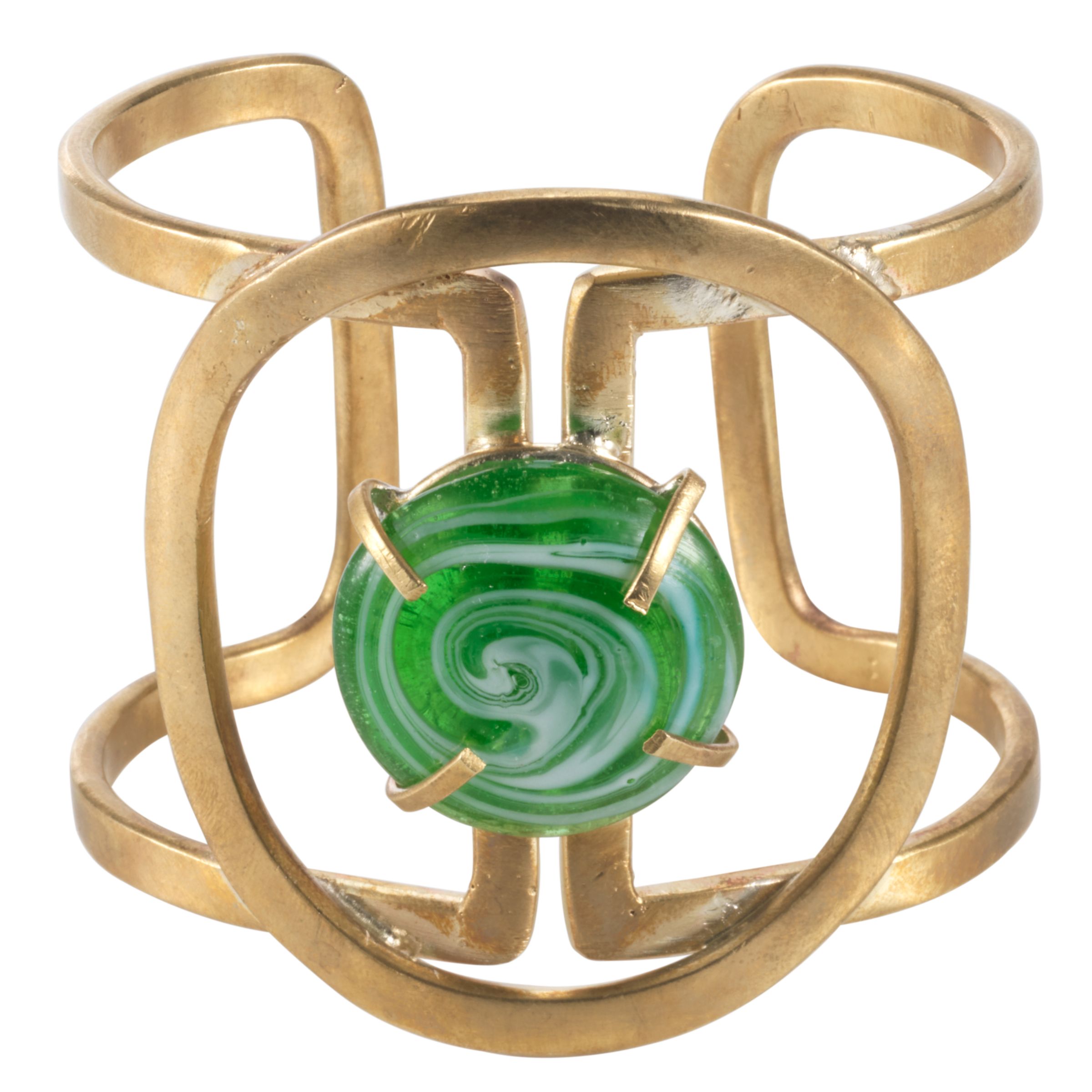Made Green Bead and Brass Cuff