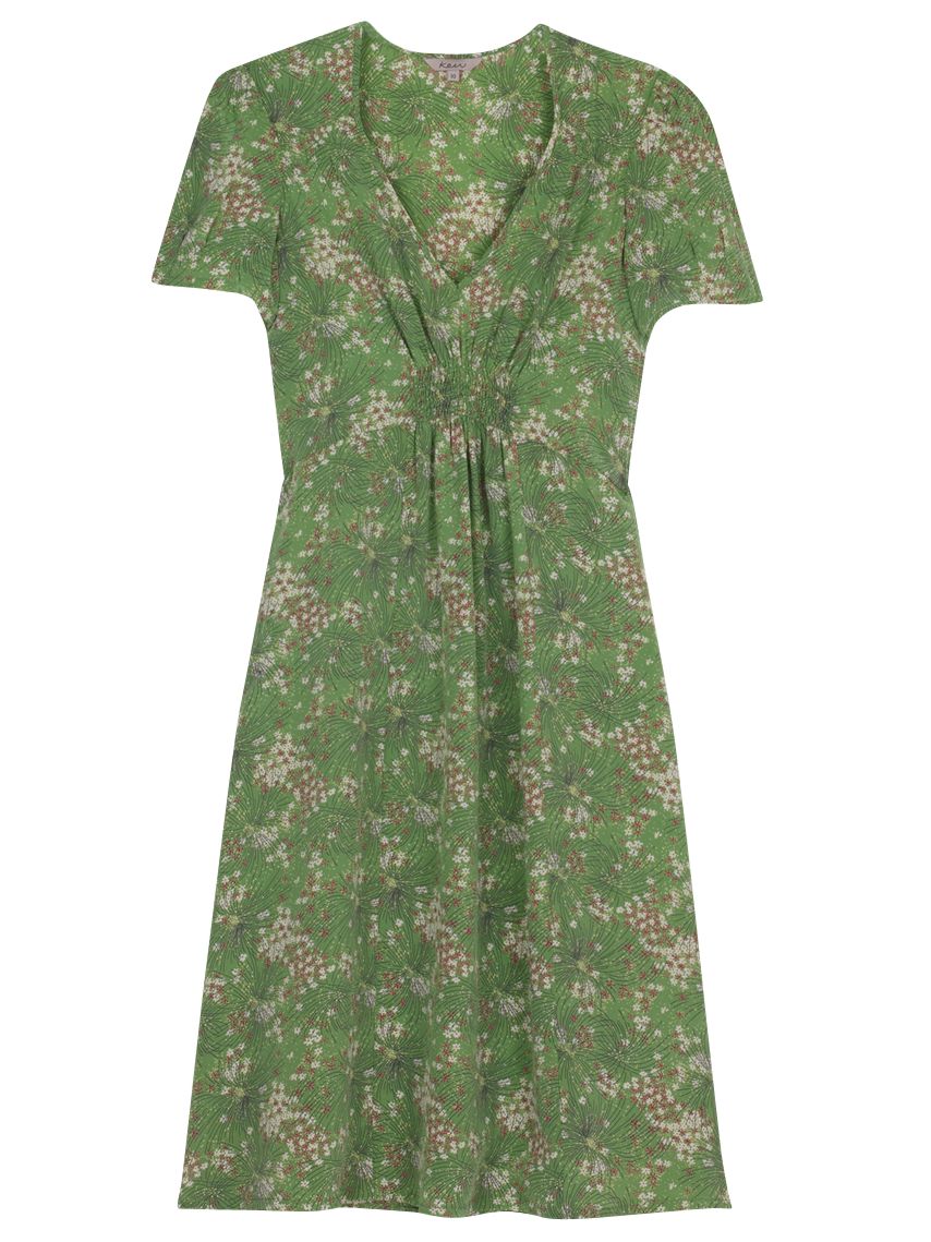 Kew Floral Spray Silk Tea Dress, Green, 14