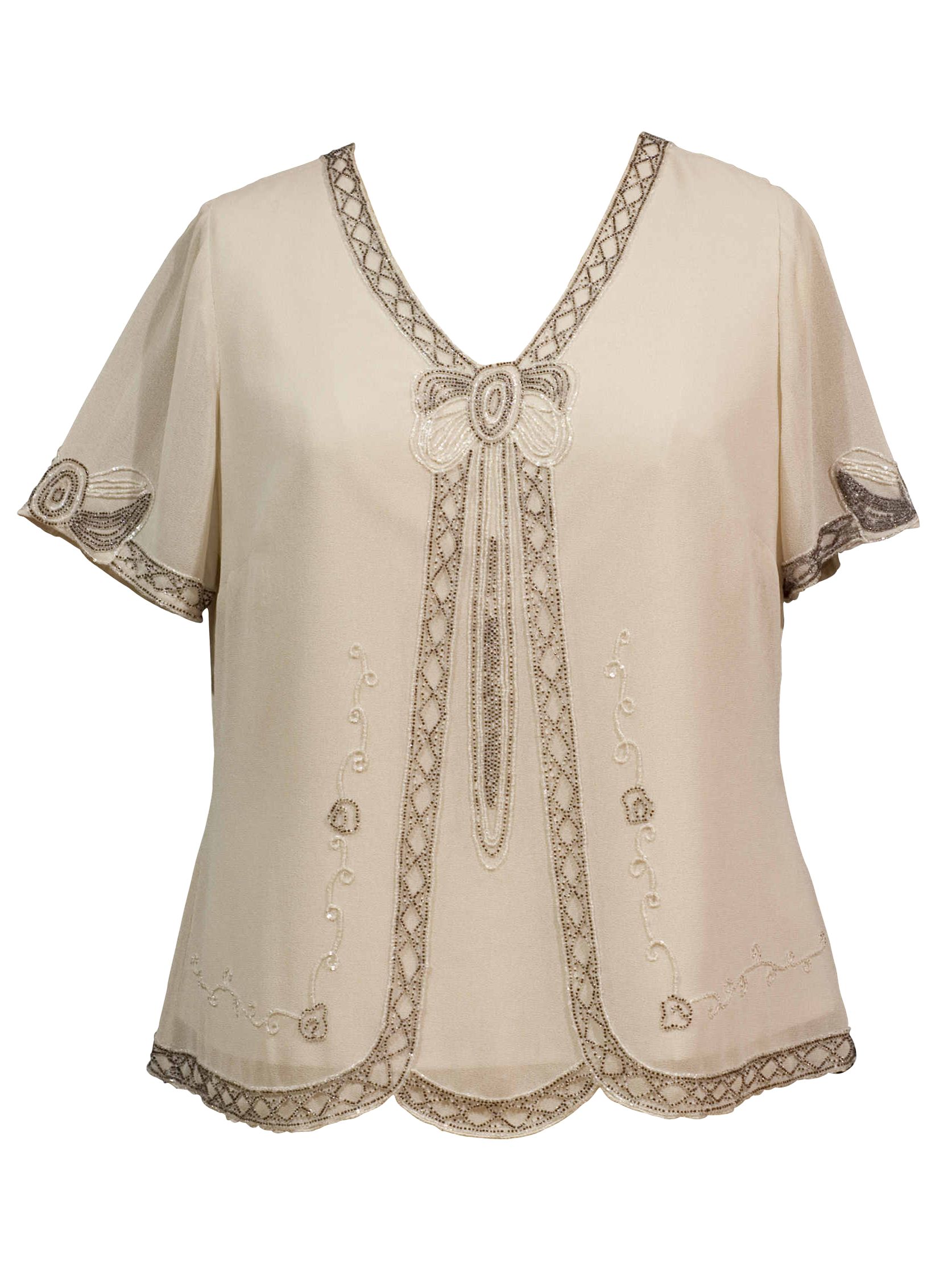 Beaded Bow Trim Georgette Blouse, Champagne