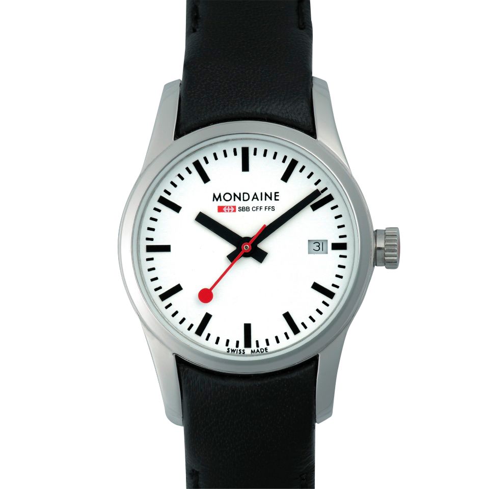 Mondaine Retro Date Women's Leather Strap Watch, Black/white at John Lewis