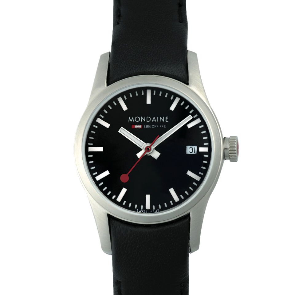 Mondaine Retro Date Women's Leather Strap Watch, Black at John Lewis