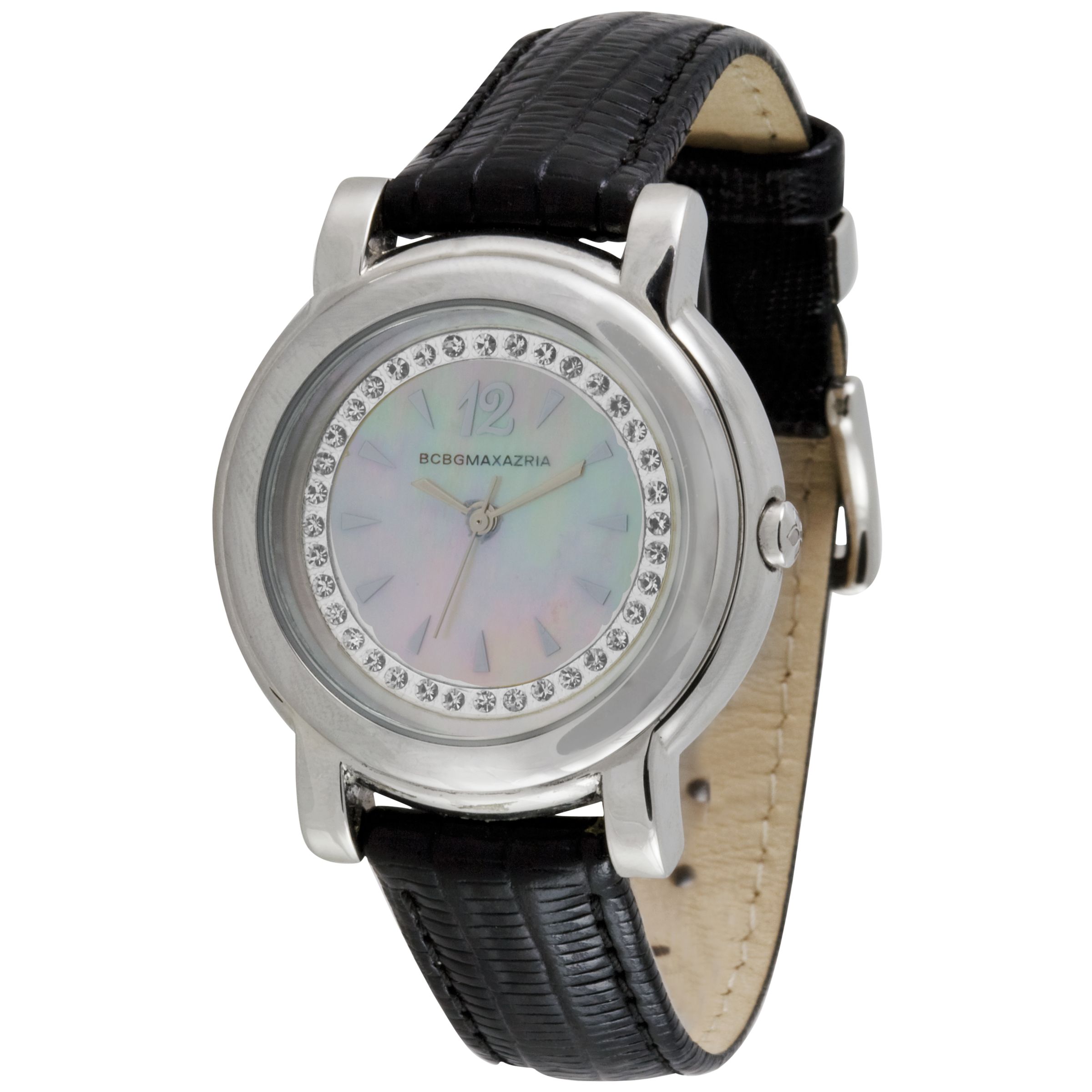 BCBG Max Azria BG6205 Women39s Diamante Detail Leather Strap Watch Blacksilver