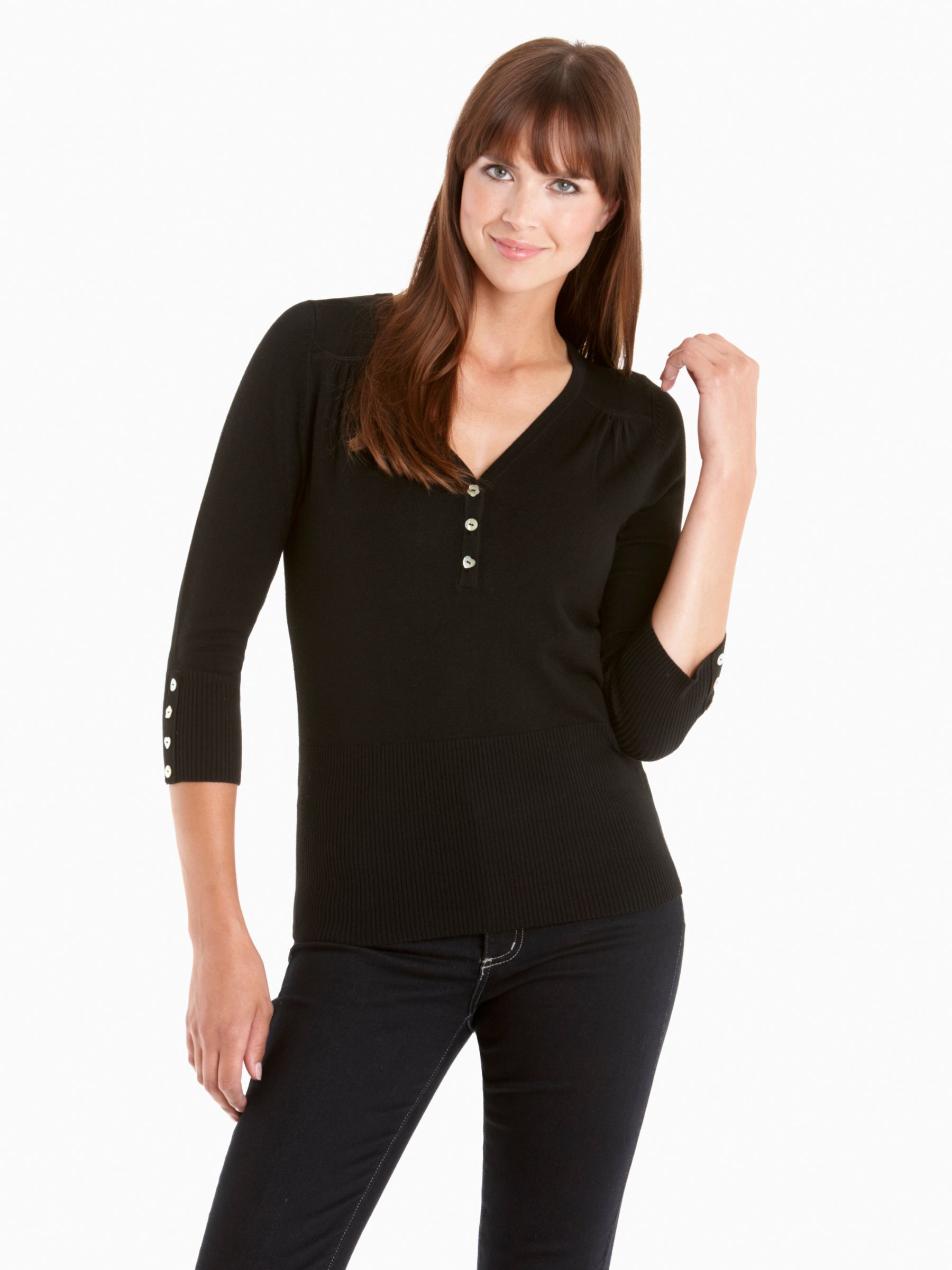 John Lewis Women Pleat Detail V-Neck Top, Black