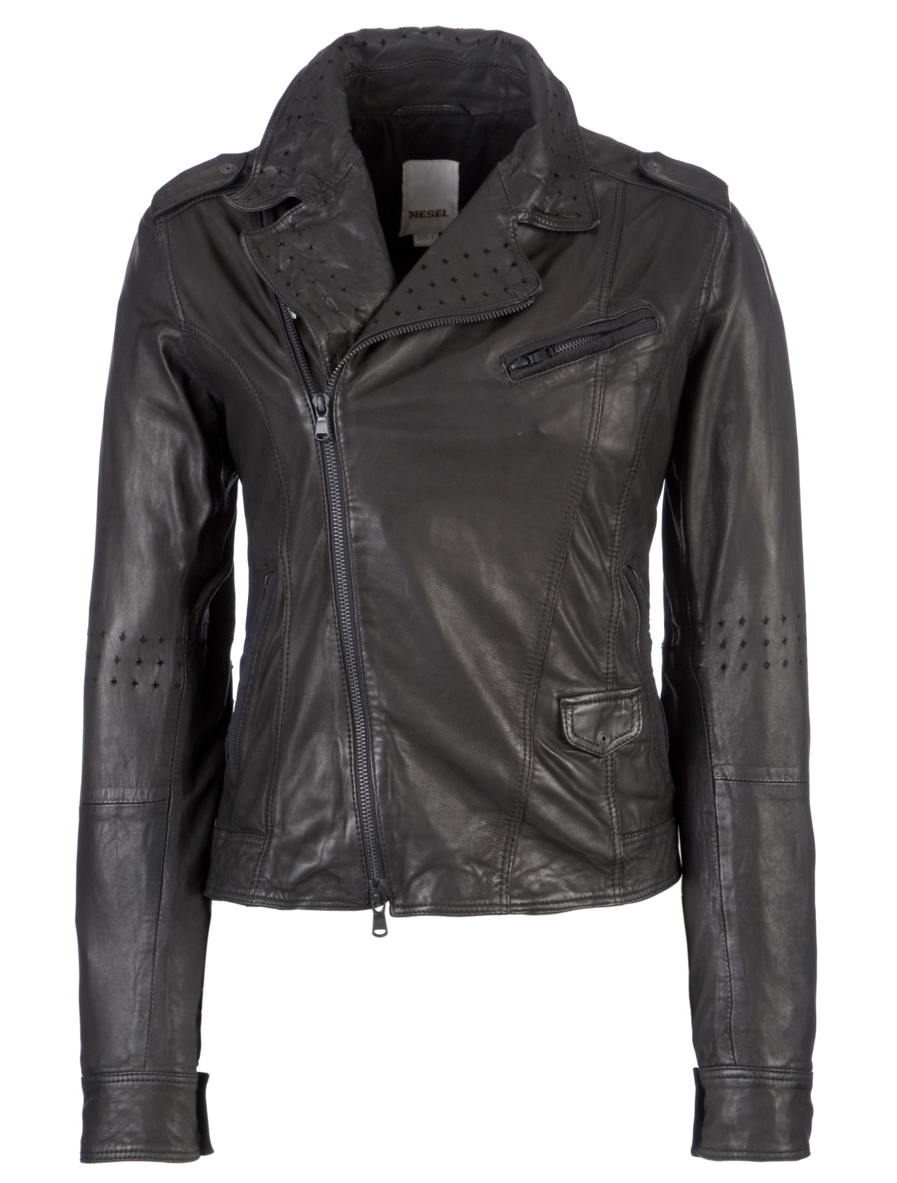 Diesel Luikki Asymmetric Zip Leather Biker Jacket, Black at John Lewis