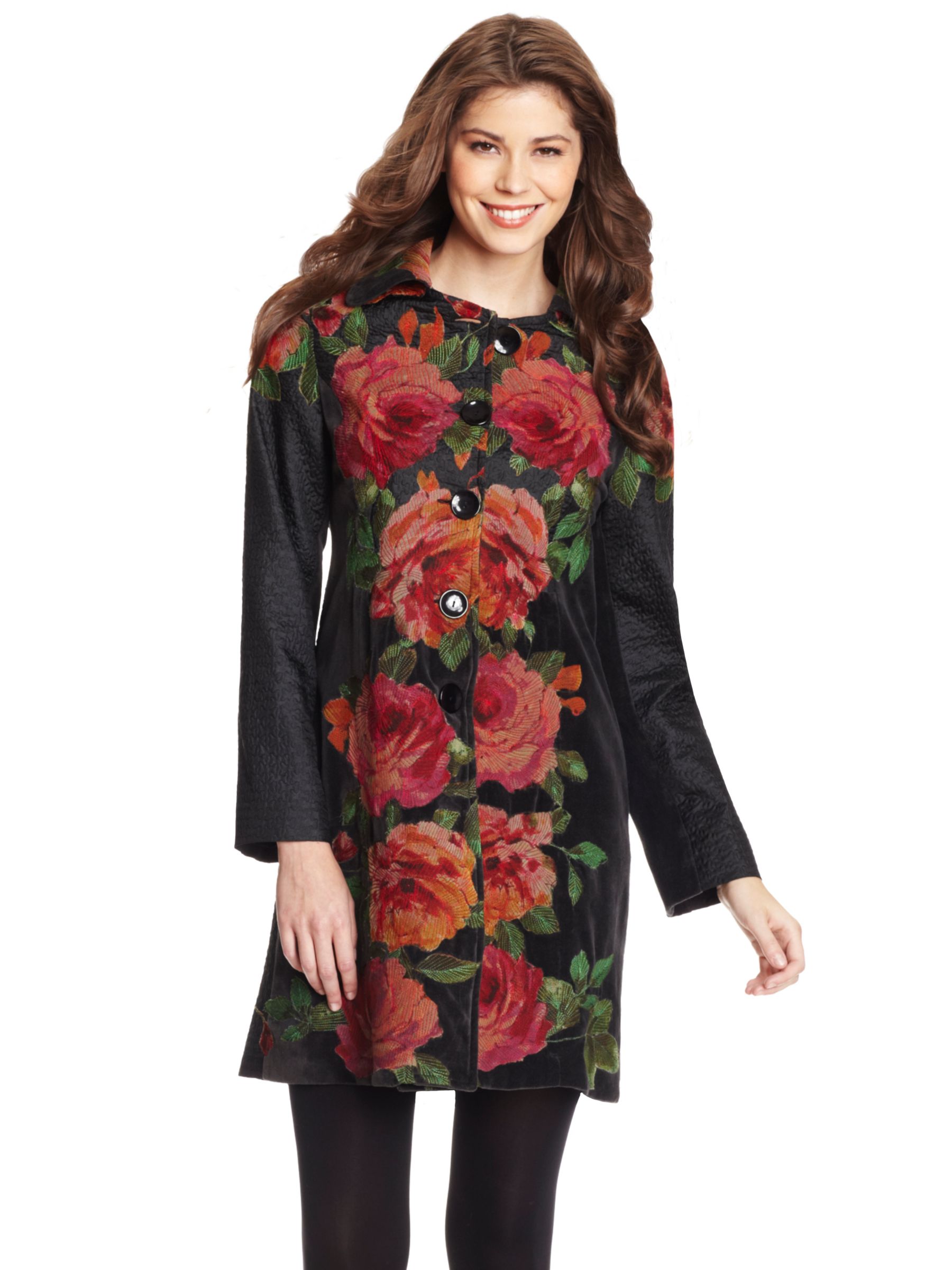 René Derhy Dalmatie Rose Embroidered Velvet Coat, Black at John Lewis