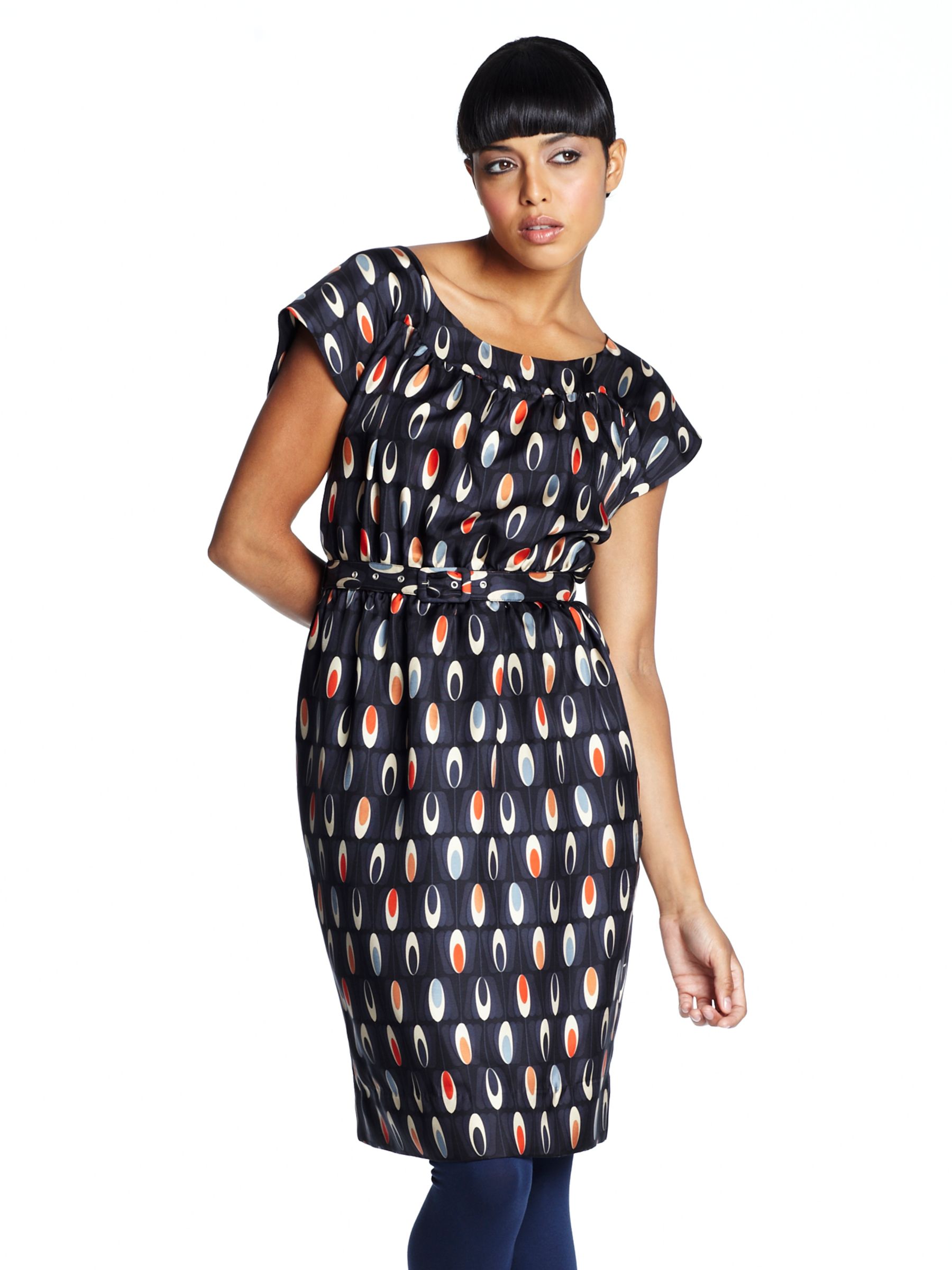 Olive and Orange Cap Sleeve Printed Silk Dress, Ink, 12 at JohnLewis