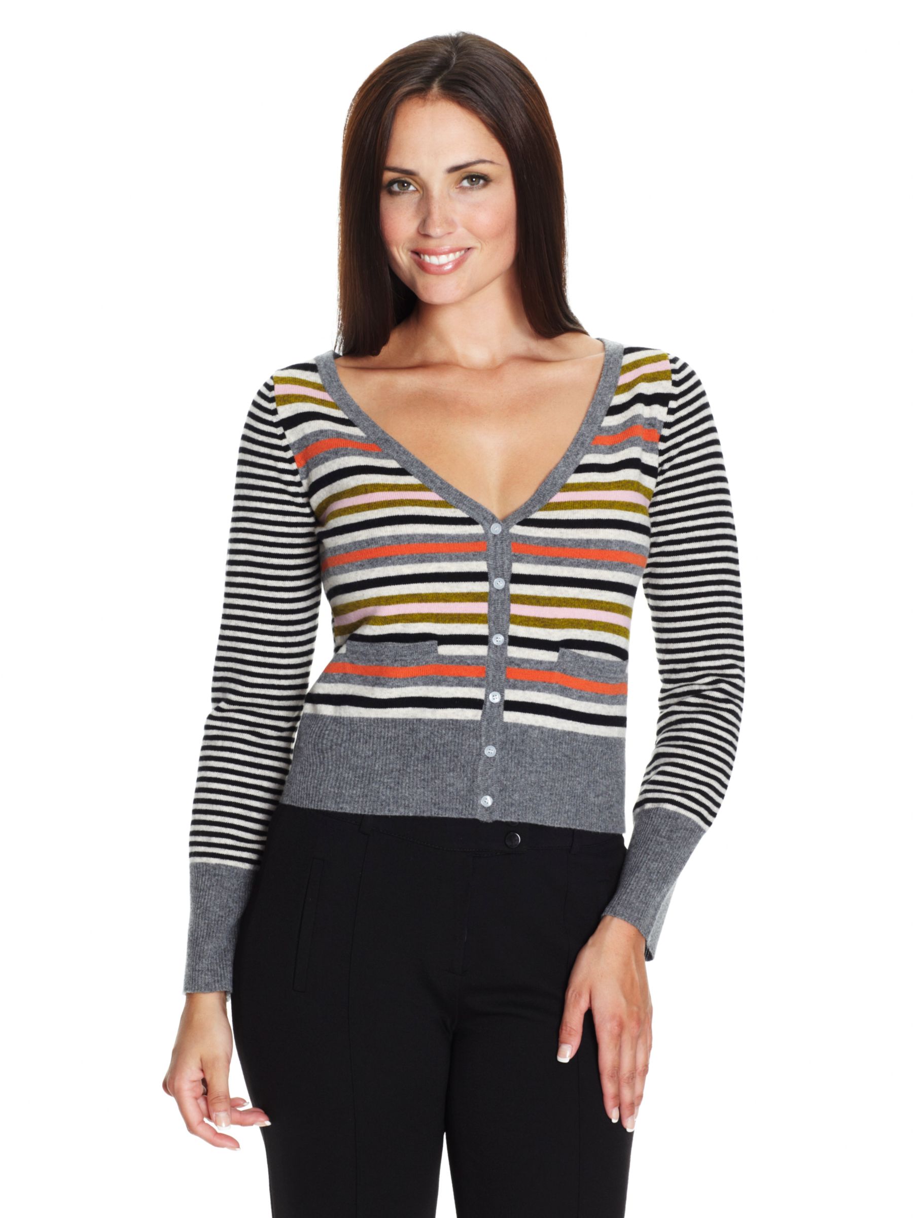 Olive and Orange Long Sleeve V-Neck Stripe Cardigan, Multicoloured at JohnLewis