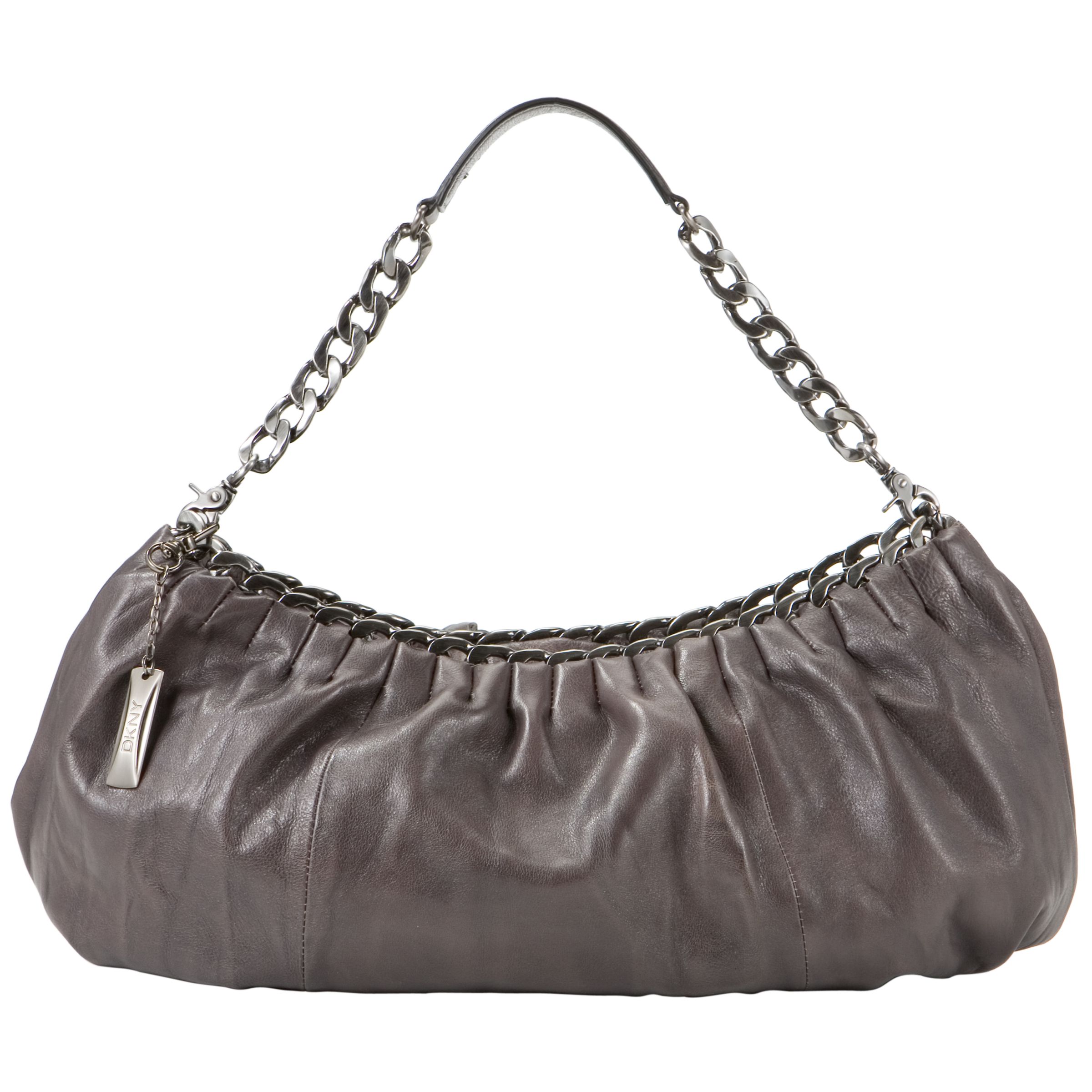 DKNY Burnished Leather Chain Handle East West Hobo Handbag, Grey at JohnLewis