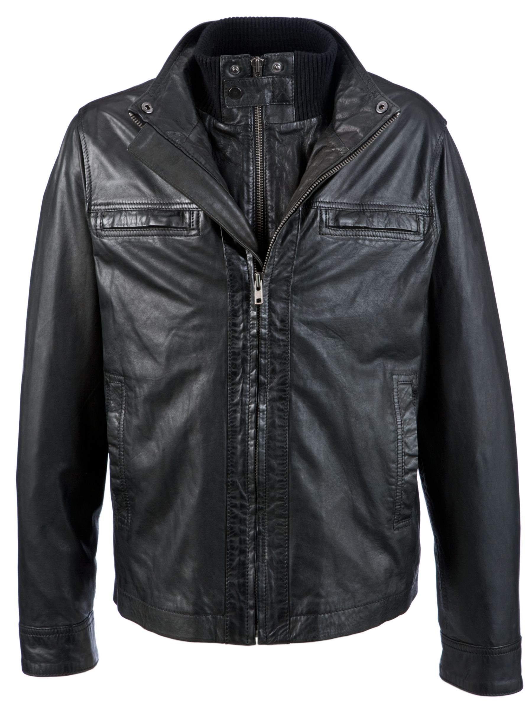 COLLECTION, John Lewis Men Double Collar 2 in 1 Leather Jacket, Black at JohnLewis