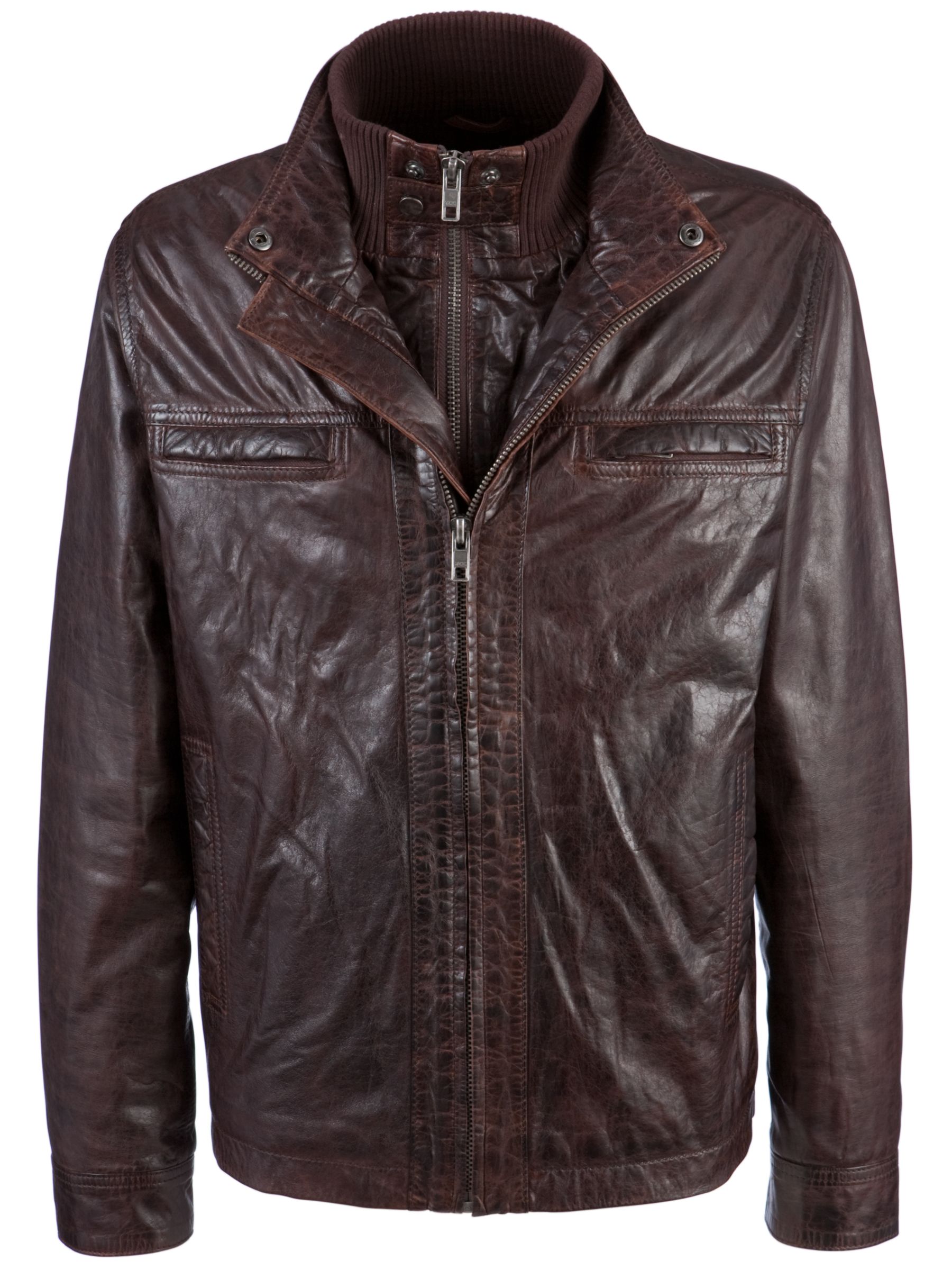 COLLECTION, John Lewis Men Double Collar 2 in 1 Leather Jacket, Brown at JohnLewis