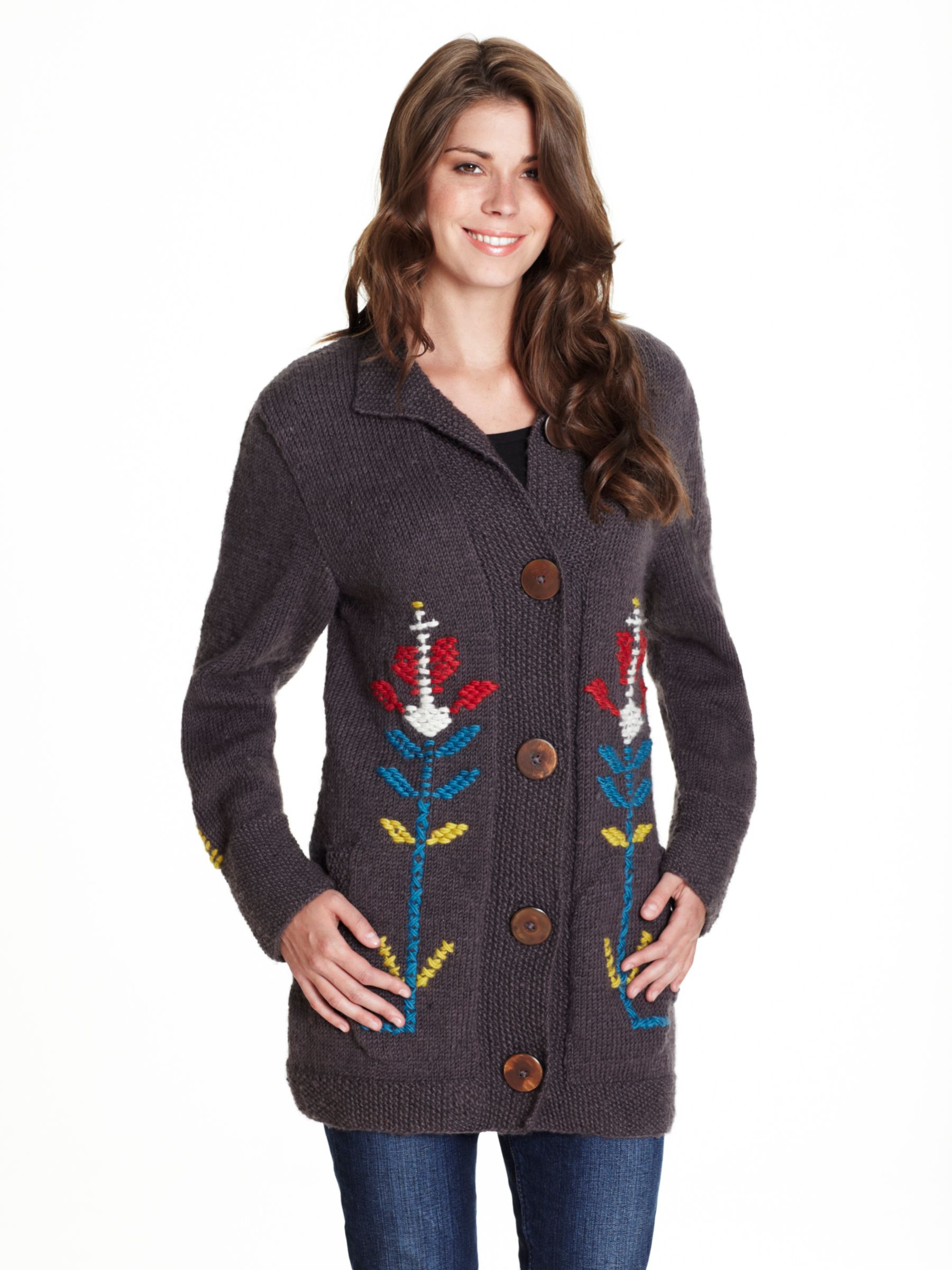 People Tree Long Sleeve Embroidered Coatigan, Grey at John Lewis