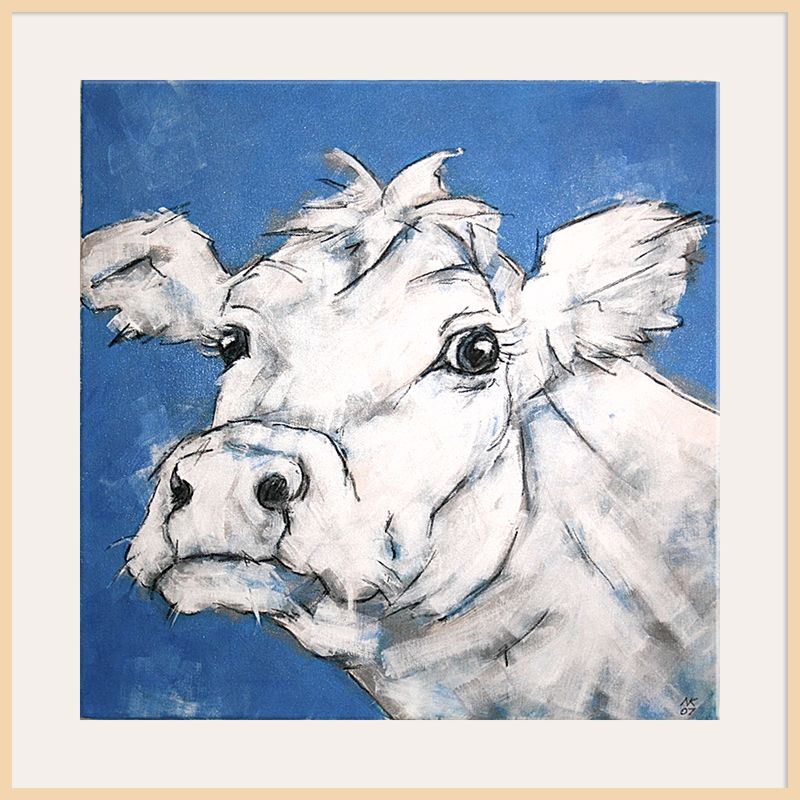 Cow On Blue, Light Frame, 90 x 90cm at John Lewis