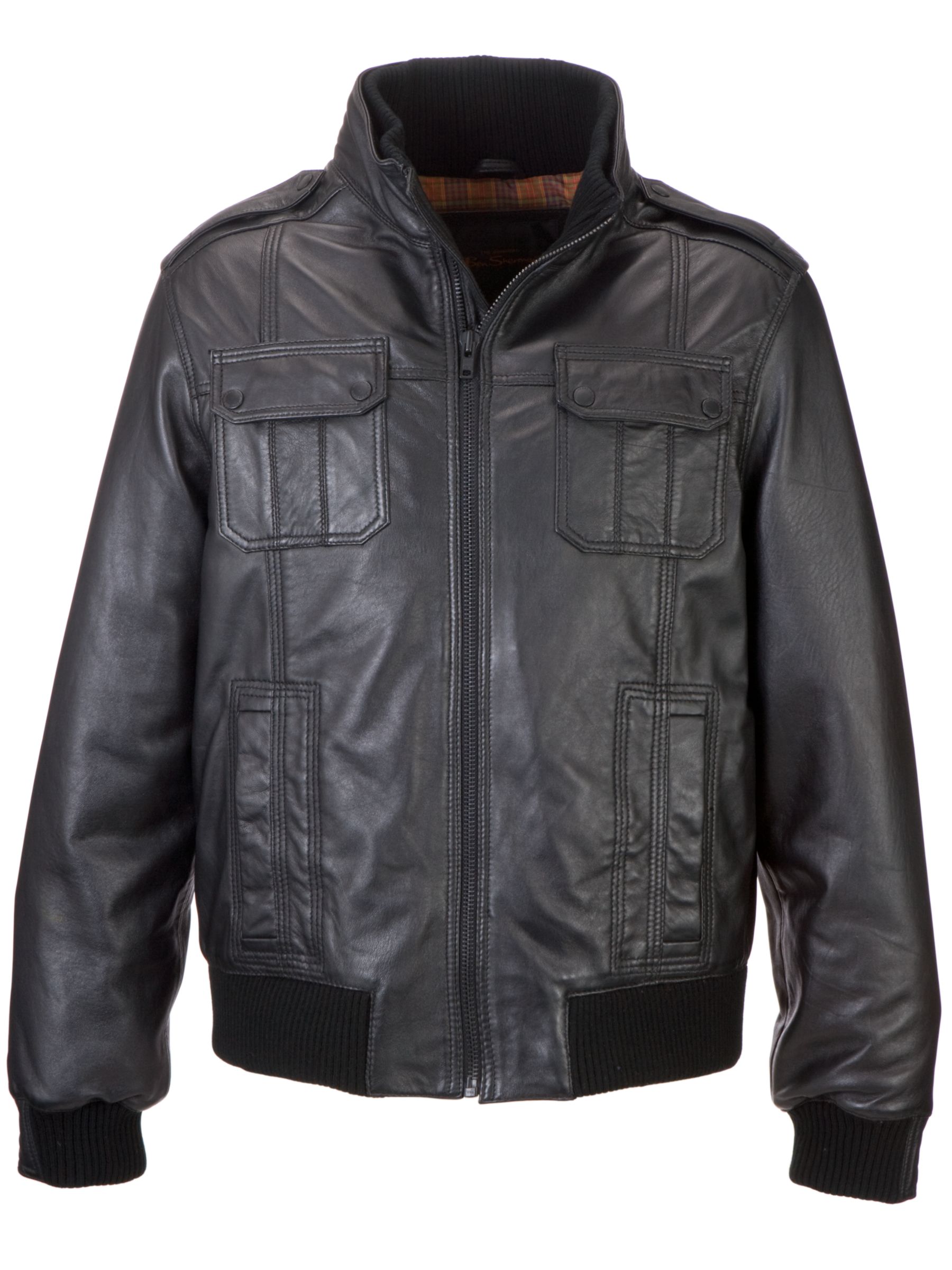 Ben Sherman Leather Bomber Jacket, Black at John Lewis