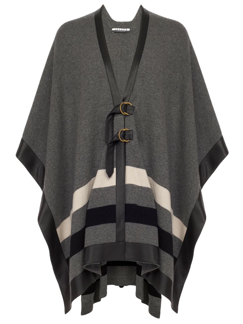 Jaeger Leather Trim Stripe Poncho, Charcoal at John Lewis