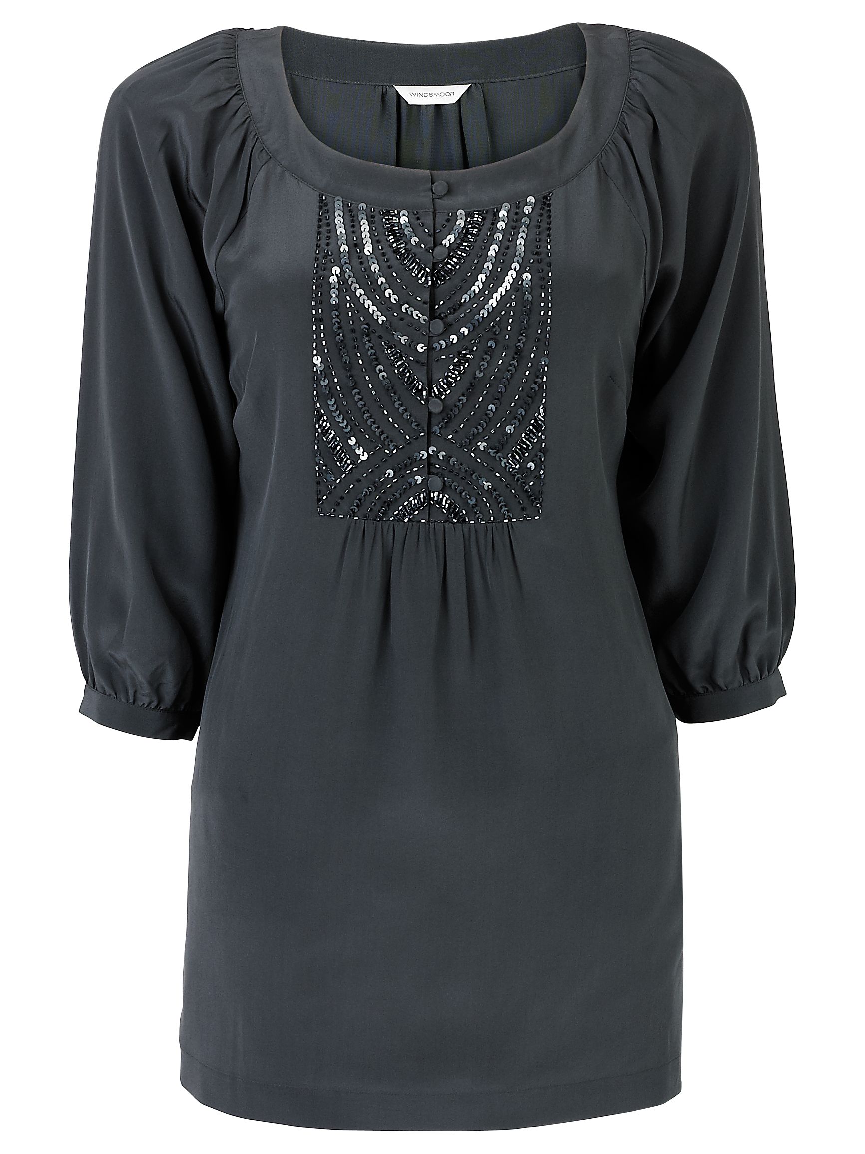 Silk Bib Front Silk Blouse, Slate