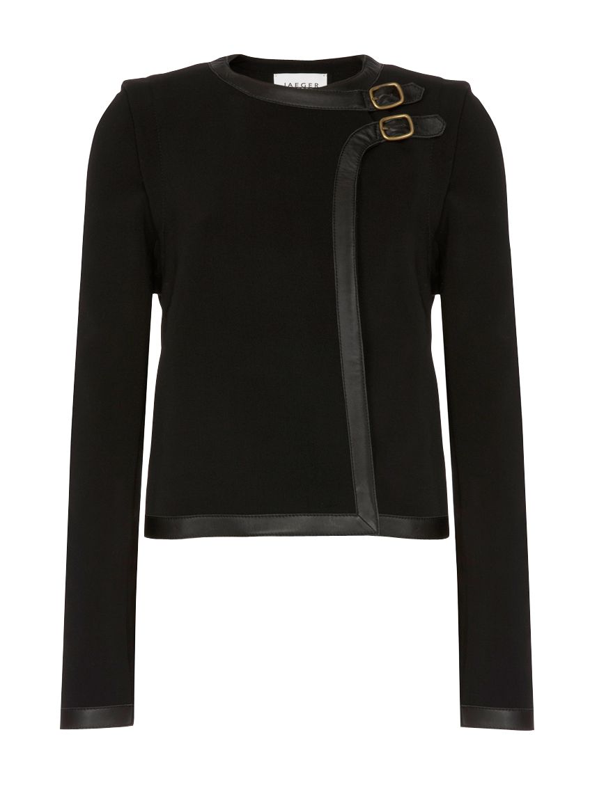 Jaeger Leather Trim Buckle Jacket, Charcoal at John Lewis