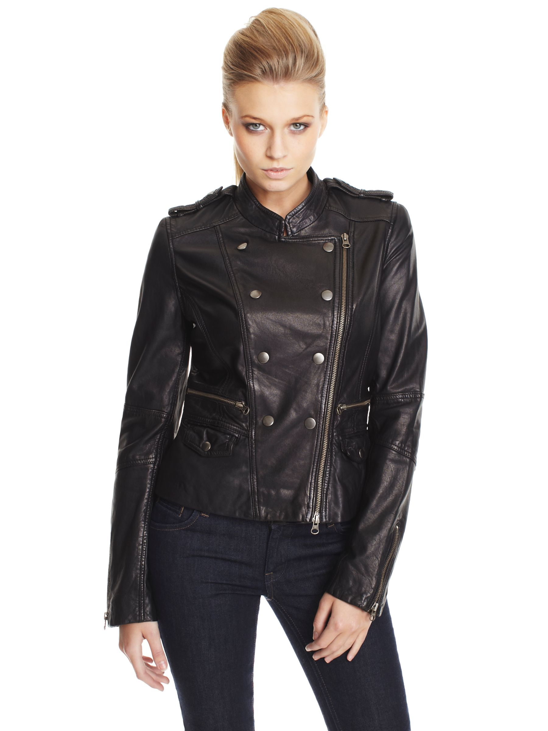 Whistles Military Leather Jacket, Black at John Lewis