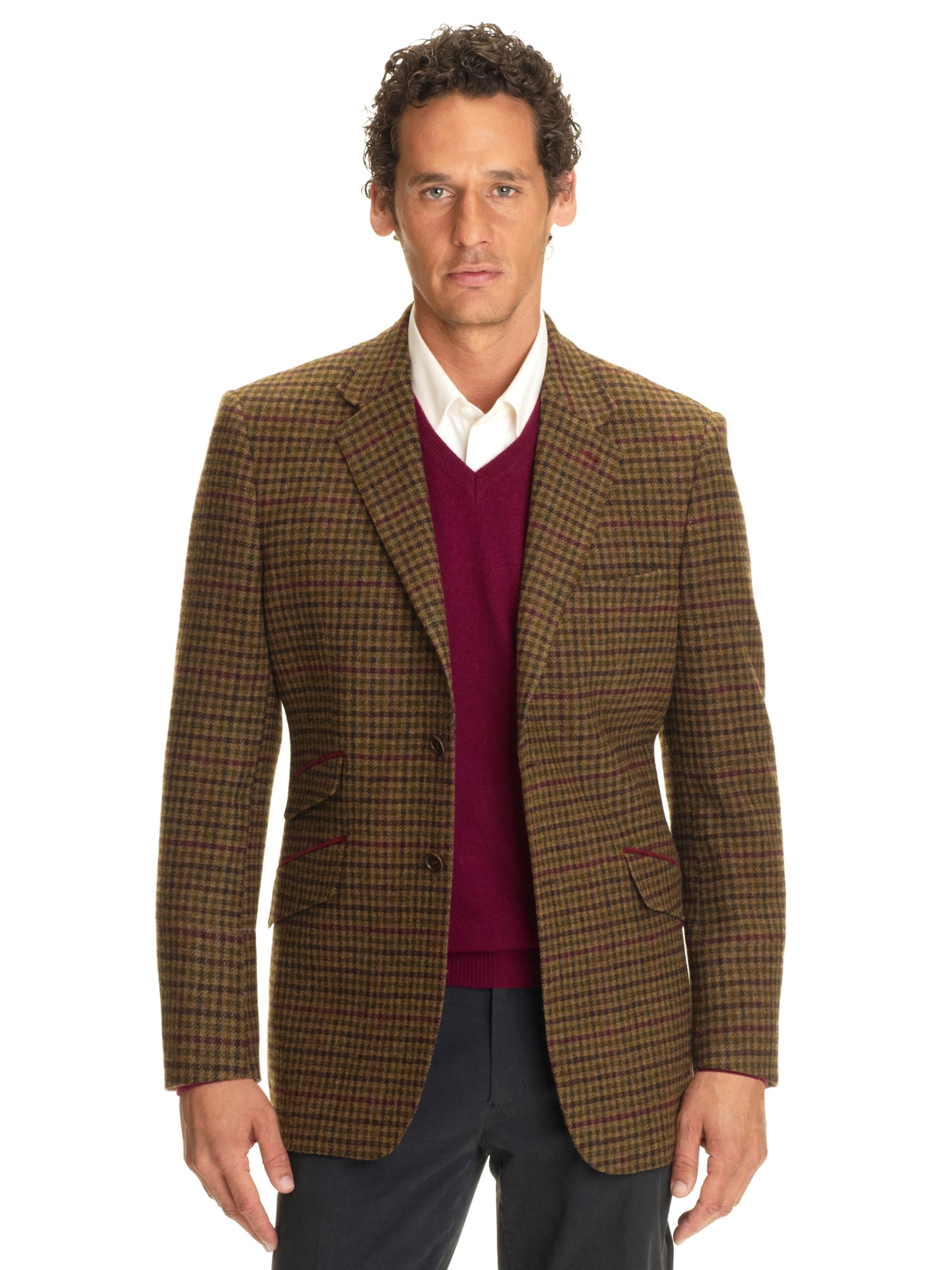 John Lewis Men Pure Wool Check Tweed Jacket, Brown/Burgundy at John Lewis