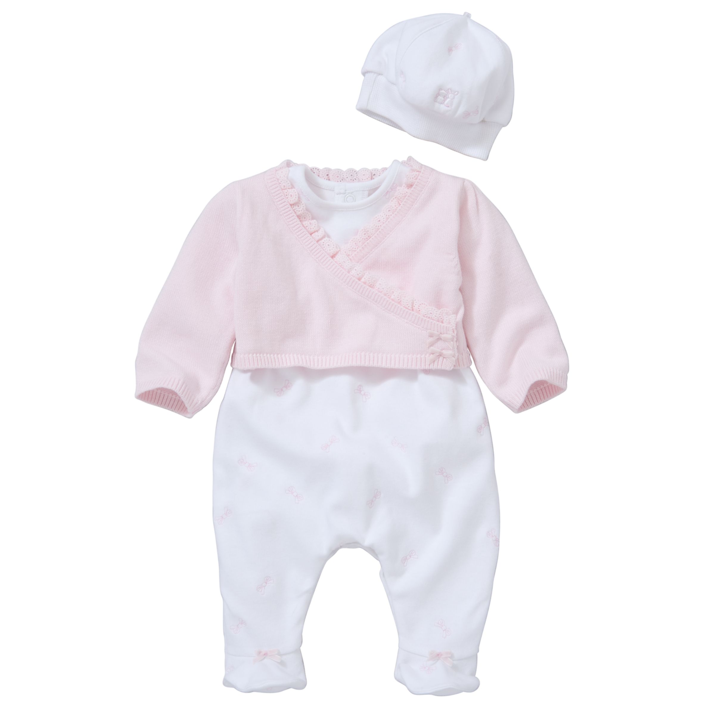 Emile et Rose Embroidered All in One with Knitted Cardigan and Hat Set Pink