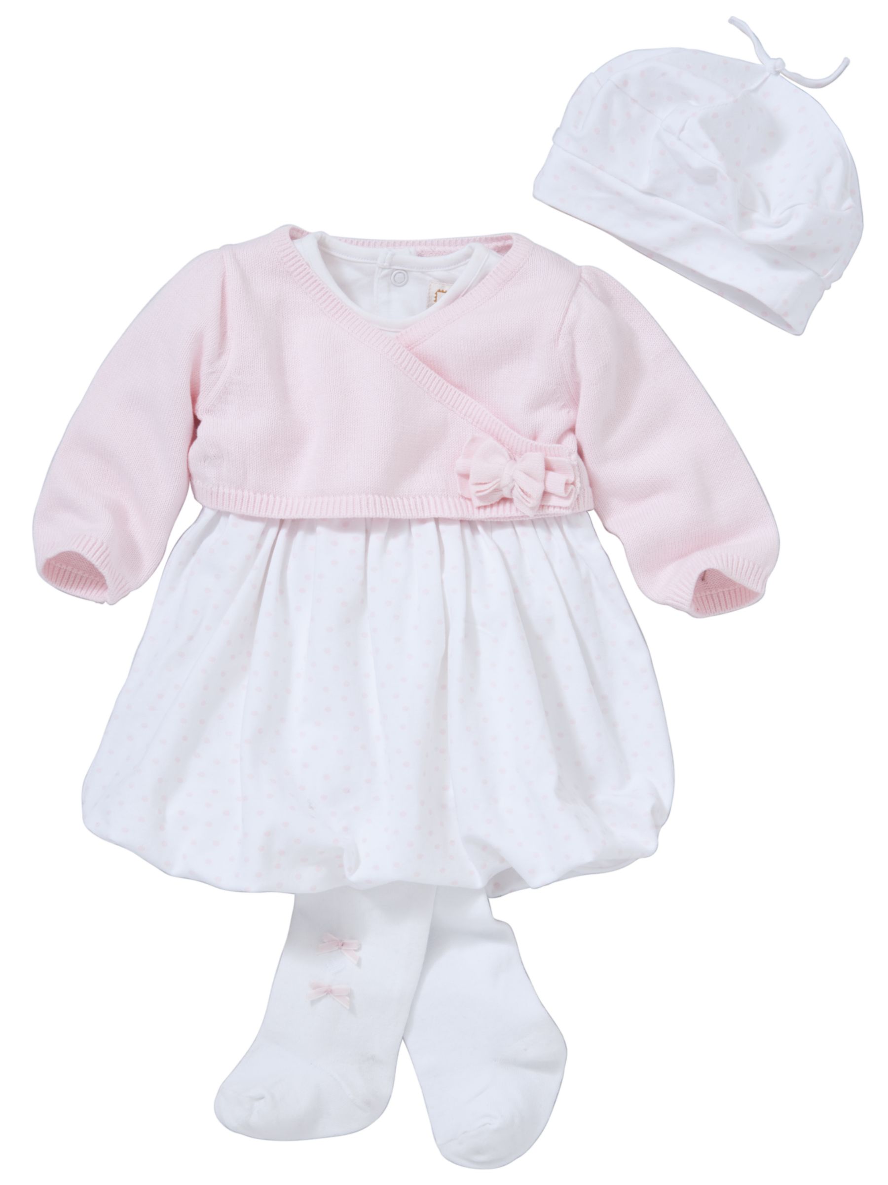 Emile et Rose Spot Jersey Dress Cardigan Tights and Hat Set PinkWhite