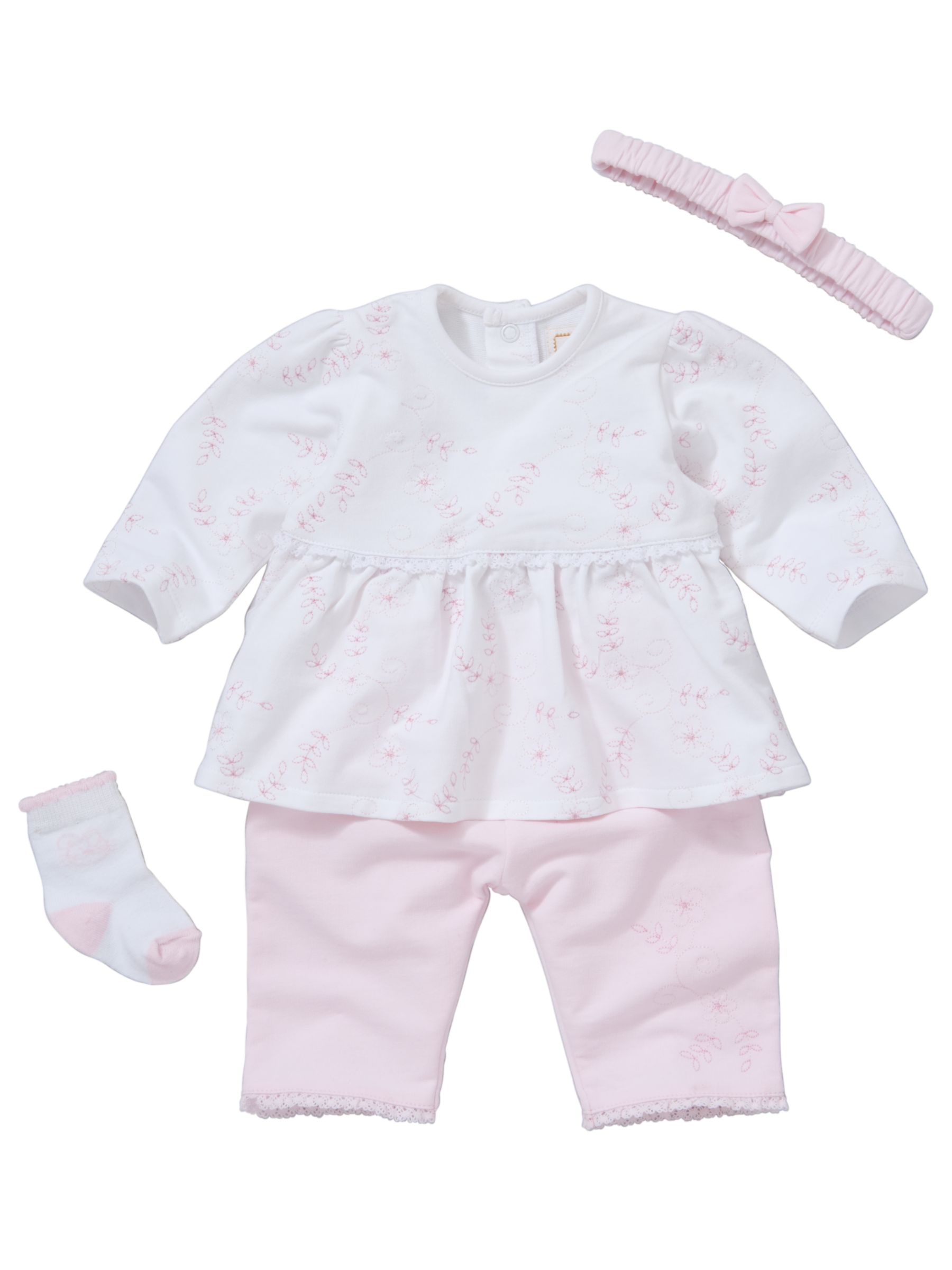 Emile et Rose Embroidered Top Trousers Hairband and Socks Set PinkWhite