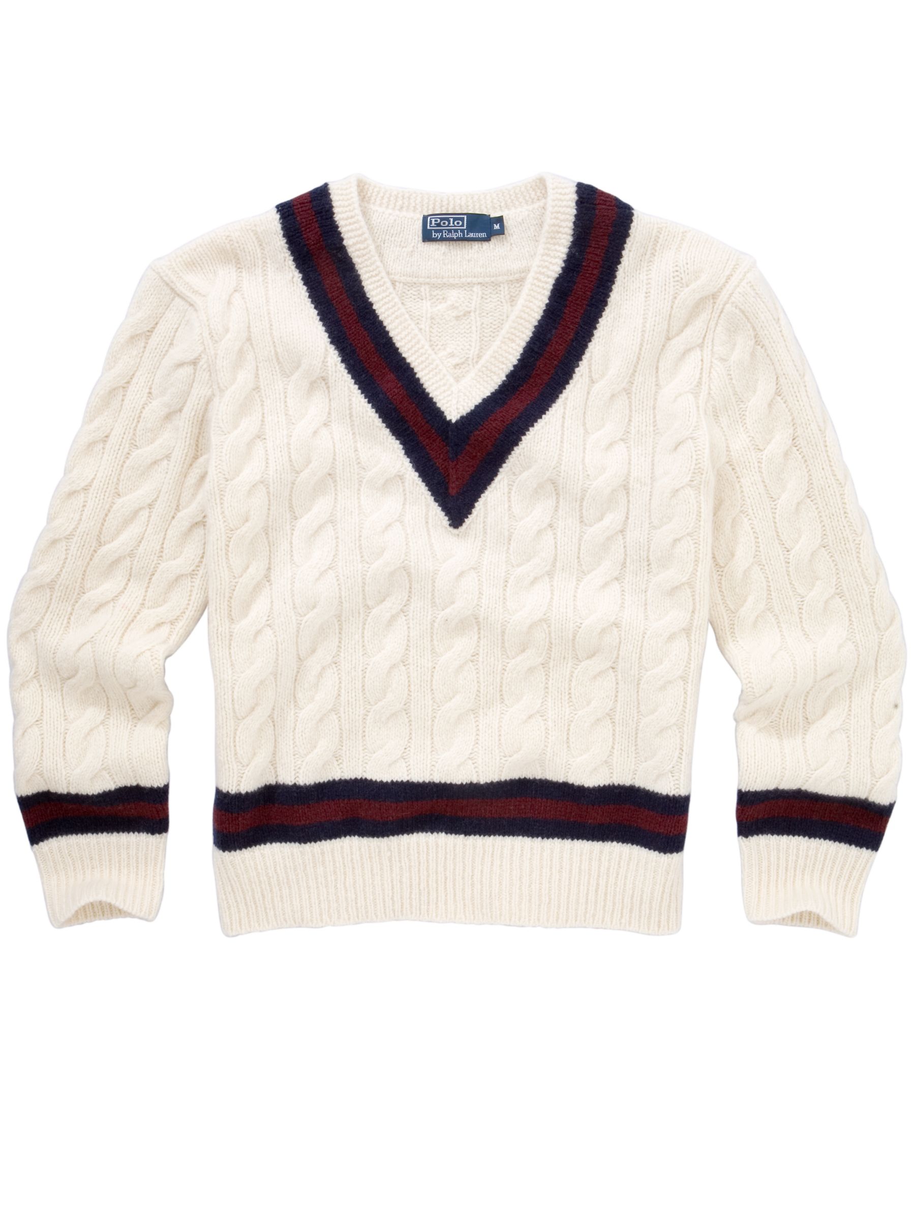 Polo Ralph Lauren Cable Knit Cricket Jumper, Cream/navy/wine at John Lewis