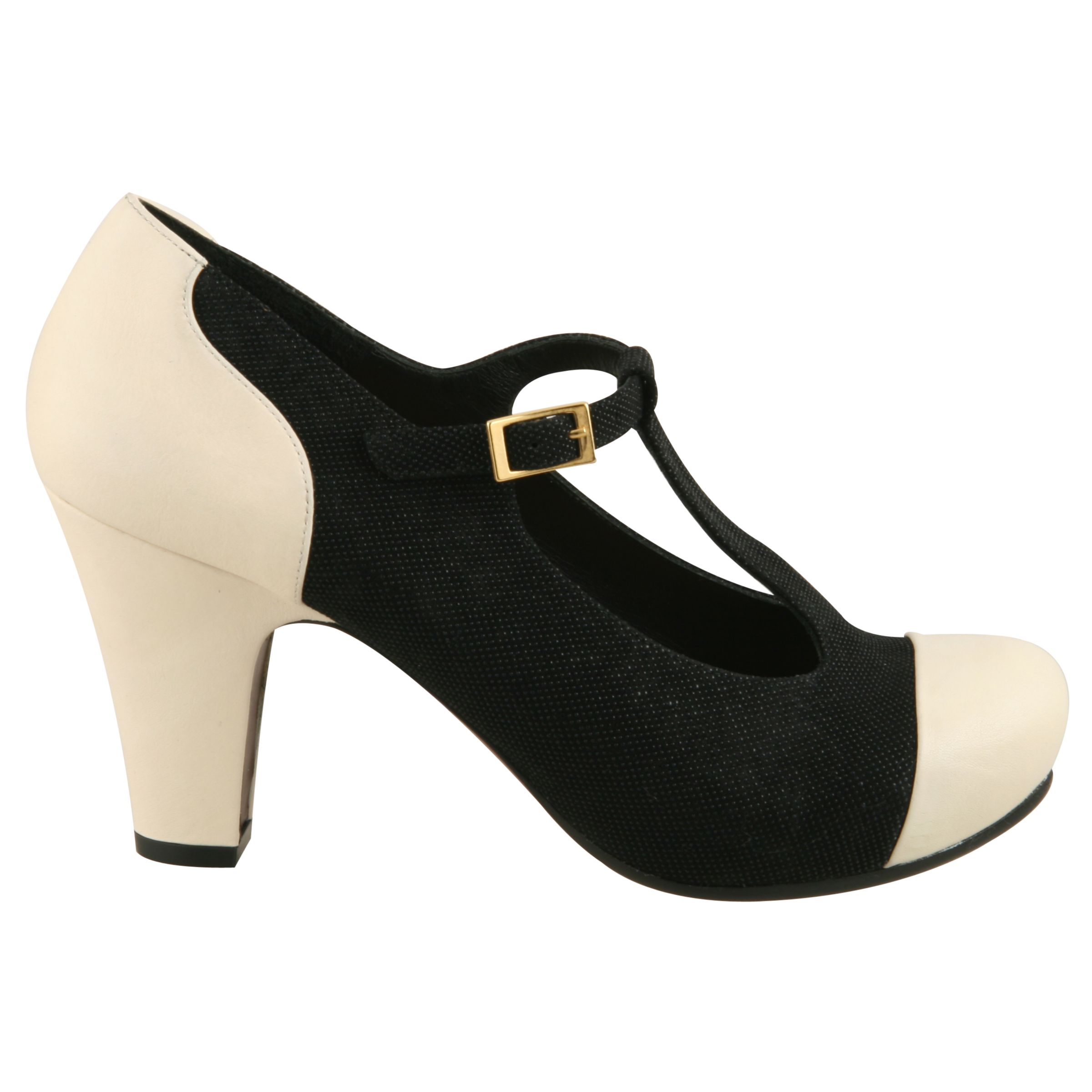 Chie Mihara Coco T-Bar Toe Court Shoes, Black/cream at John Lewis