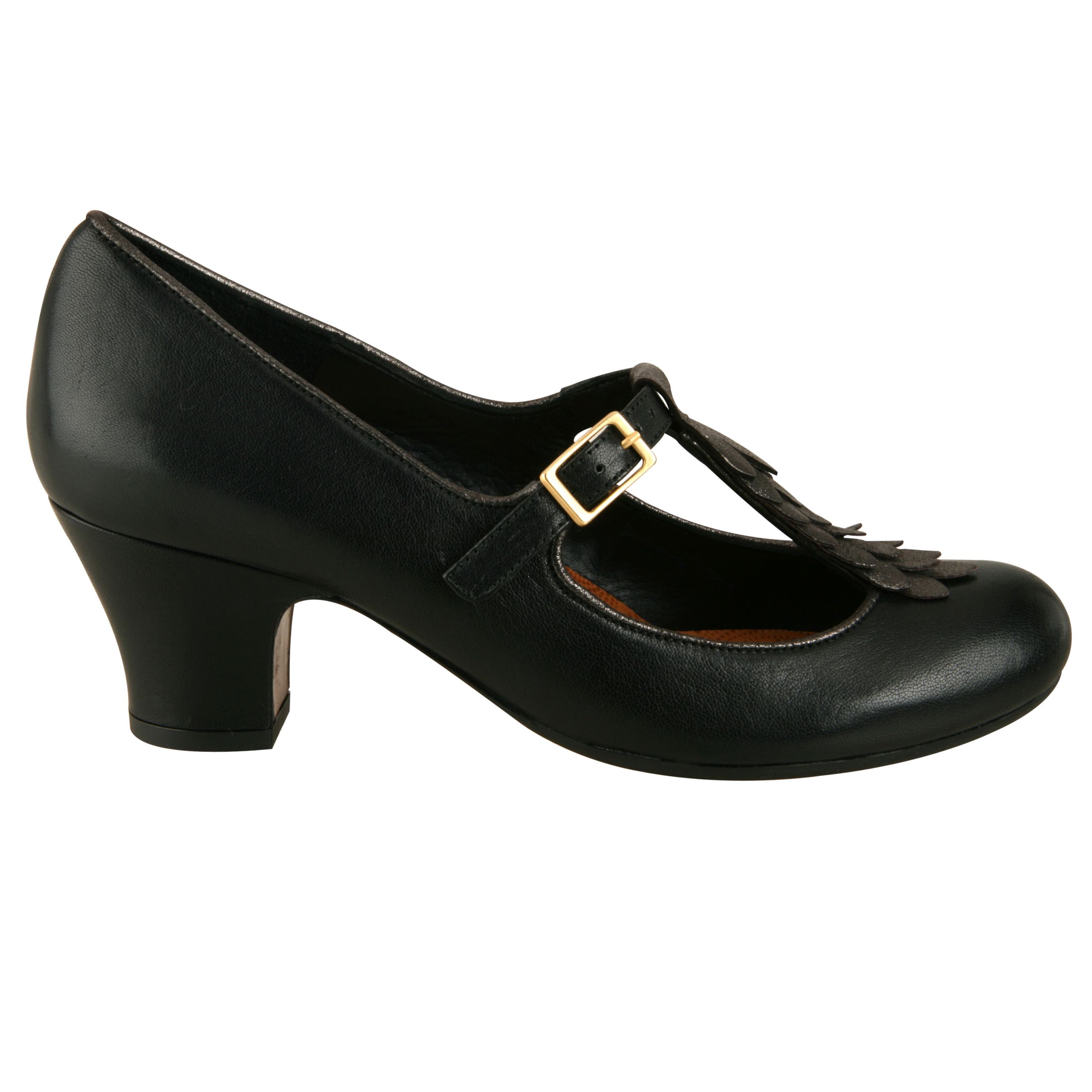 Chie Mihara Liron Low T-Bar Petal Detail Court Shoes, Black at John Lewis